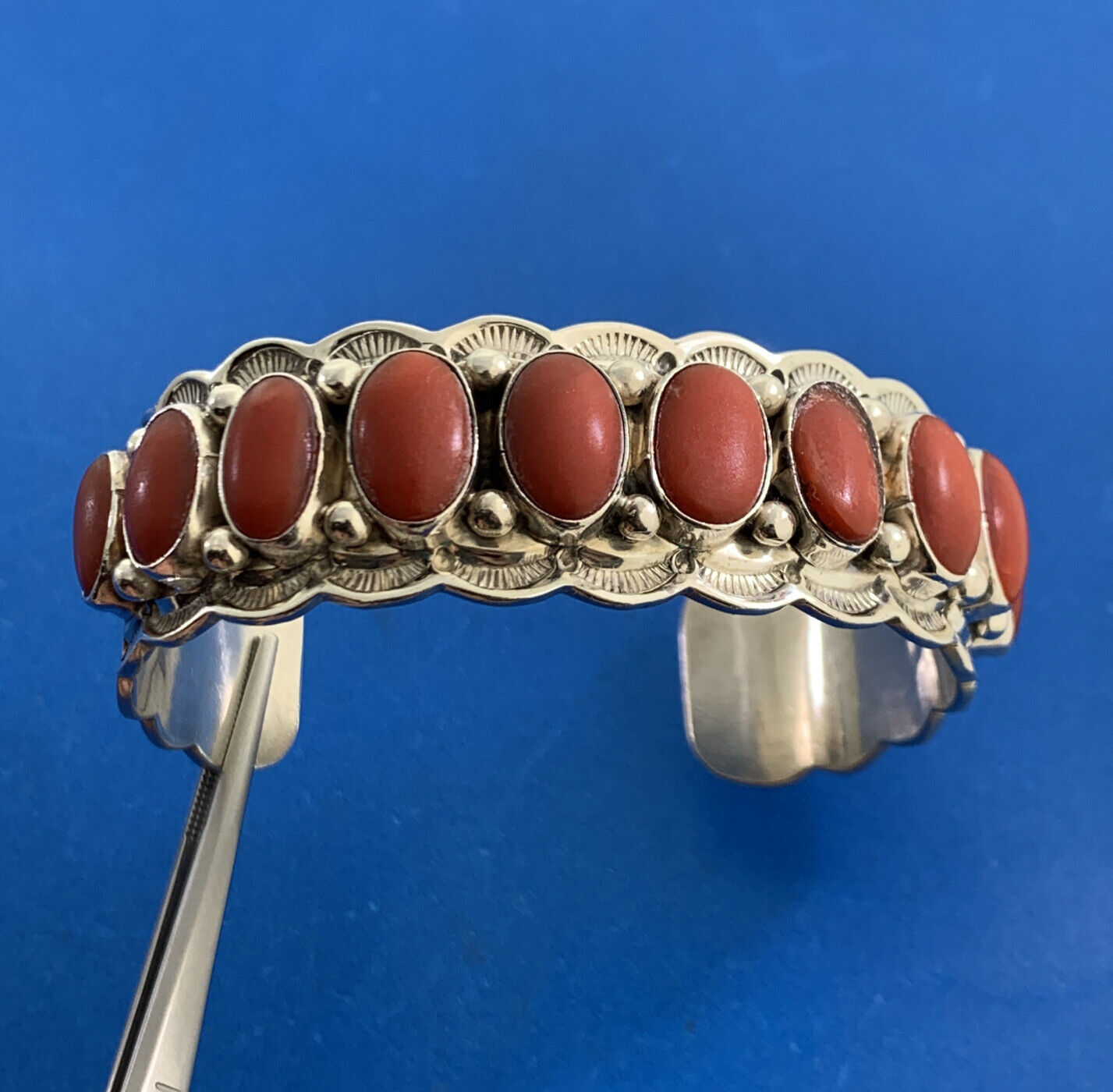Aaron Toadlena Native American 925 Sterling Silver Coral Statement Cuff Bracelet