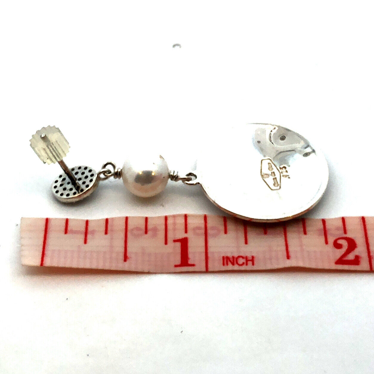 Vintage Casa De Oro 925 Sterling Silver Pearl Enamel Round City Dangle Earrings