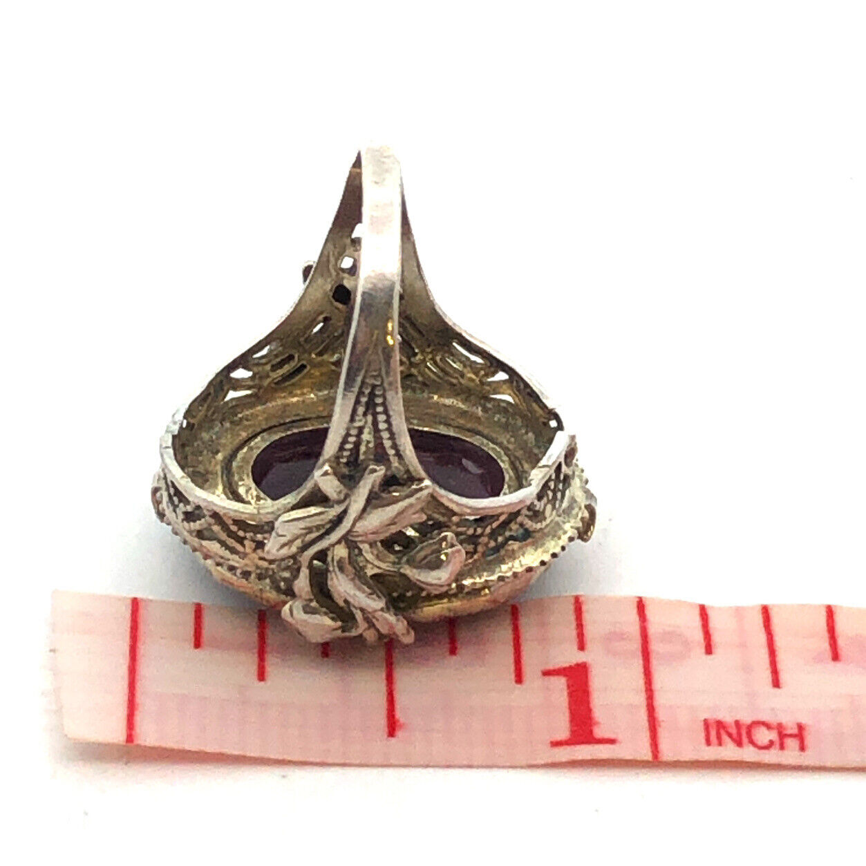 Vintage 925 Sterling Silver Faceted Purple Glass Floral Filigree Scroll Ring