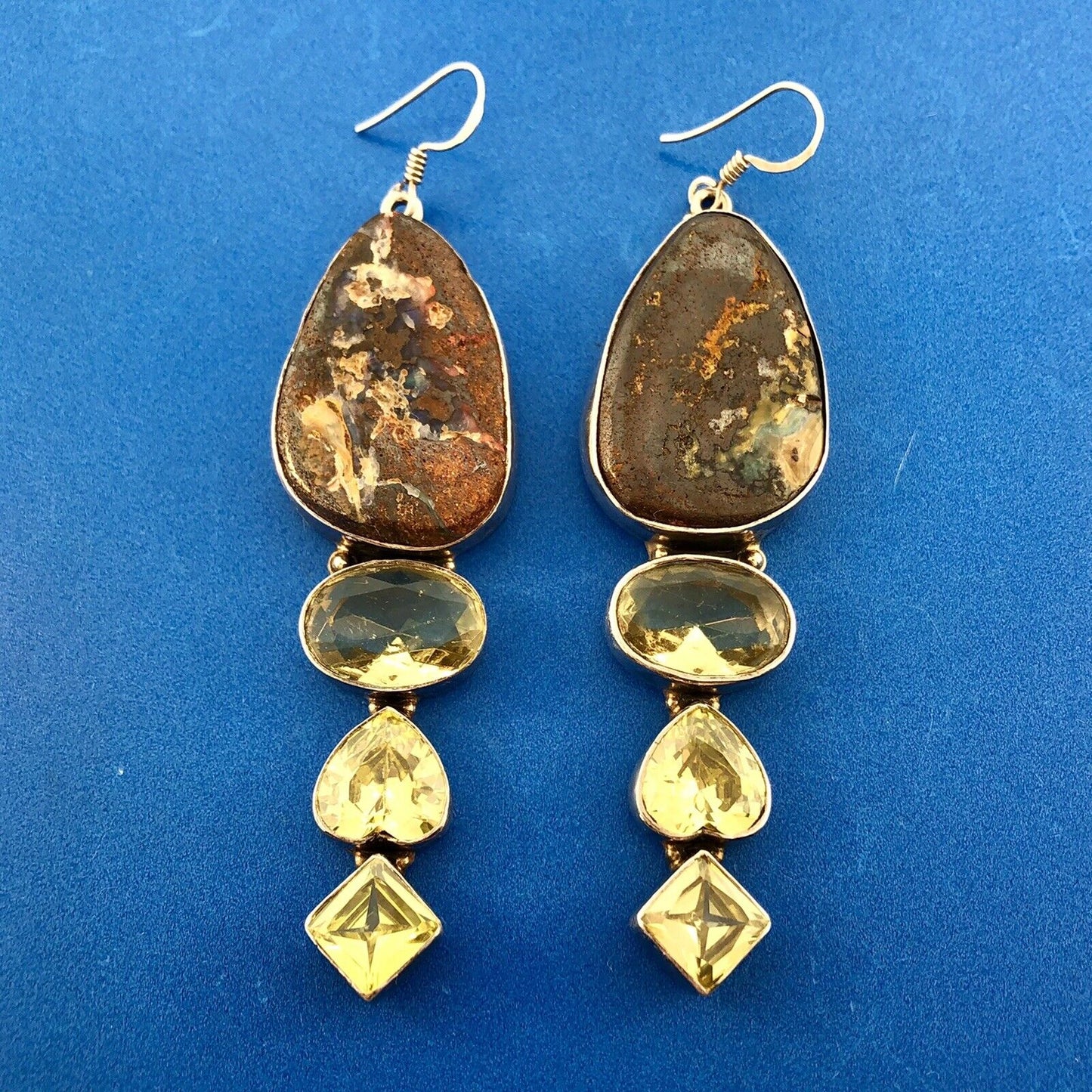 Retro 925 Sterling Silver Chunky Llanite Lemon Quartz Statement Dangle Earrings