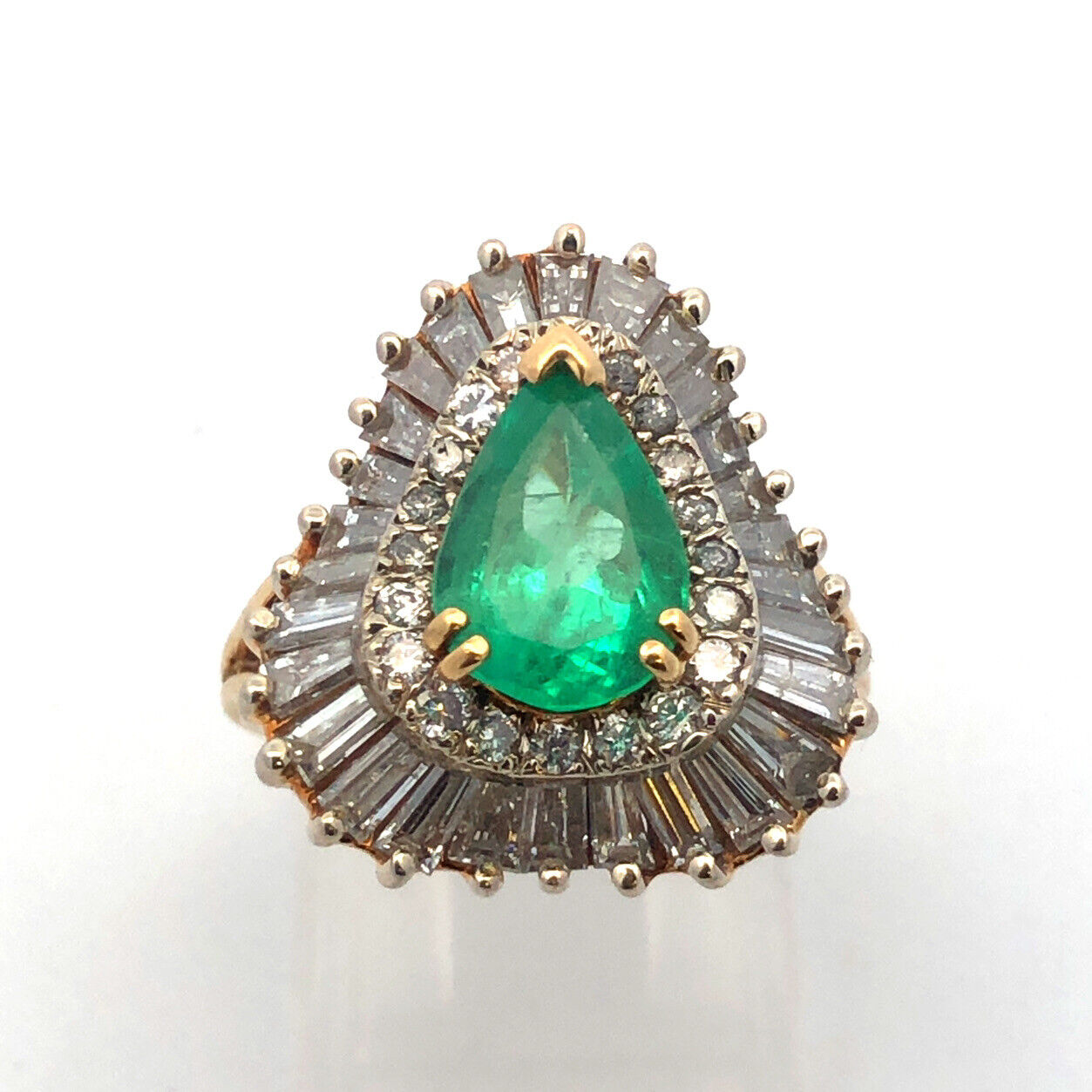 Vintage 14K Yellow Gold Pear Emerald Double Diamond Halo Statement Cocktail Ring