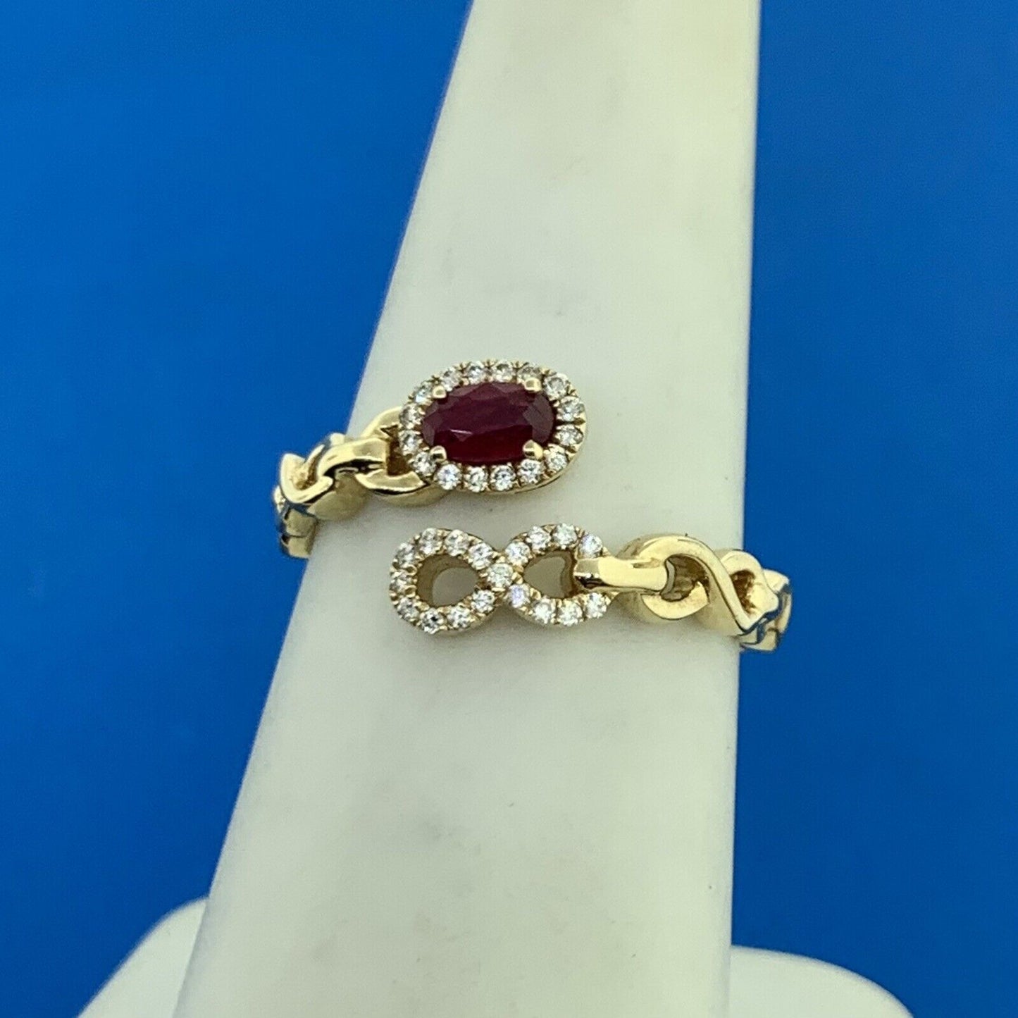 IZI Creations 14K Yellow Gold Oval Ruby Diamond Accented Open Band Bypass Ring