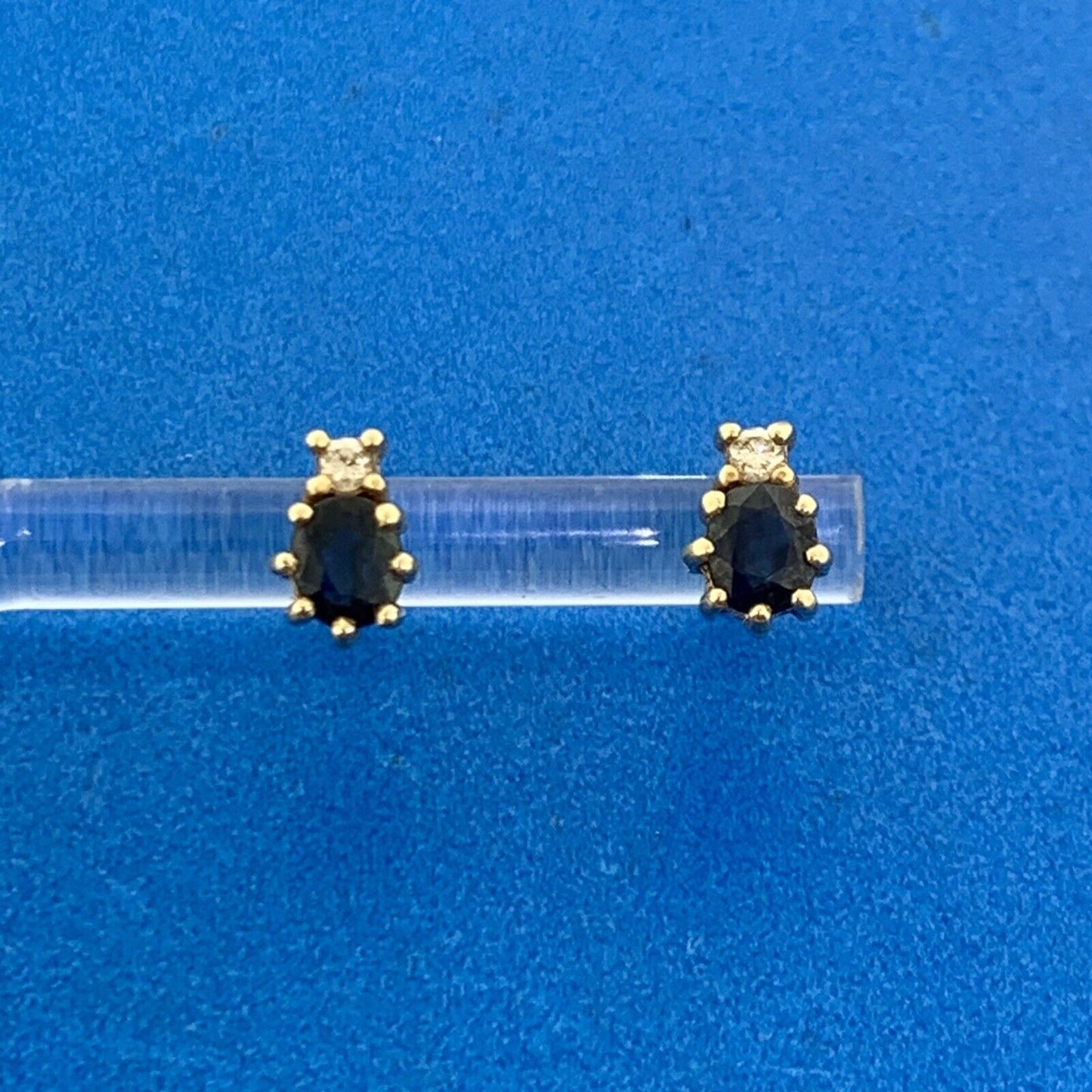 14K Yellow Gold Oval Blue Sapphire Diamond Accent Stud Earrings