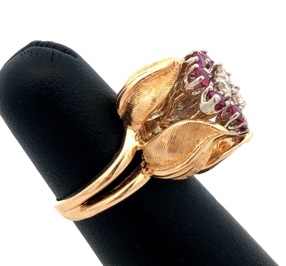 Designer EAG 14K Yellow Gold Round Ruby Diamond Flower Bud Statement Ring