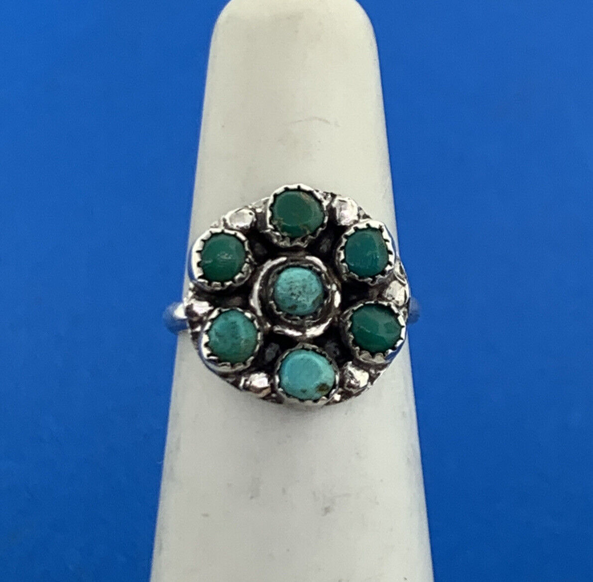 Stunning Sterling Silver 925 7 Green Turquoise Stone Circle Cluster Ring Size 4
