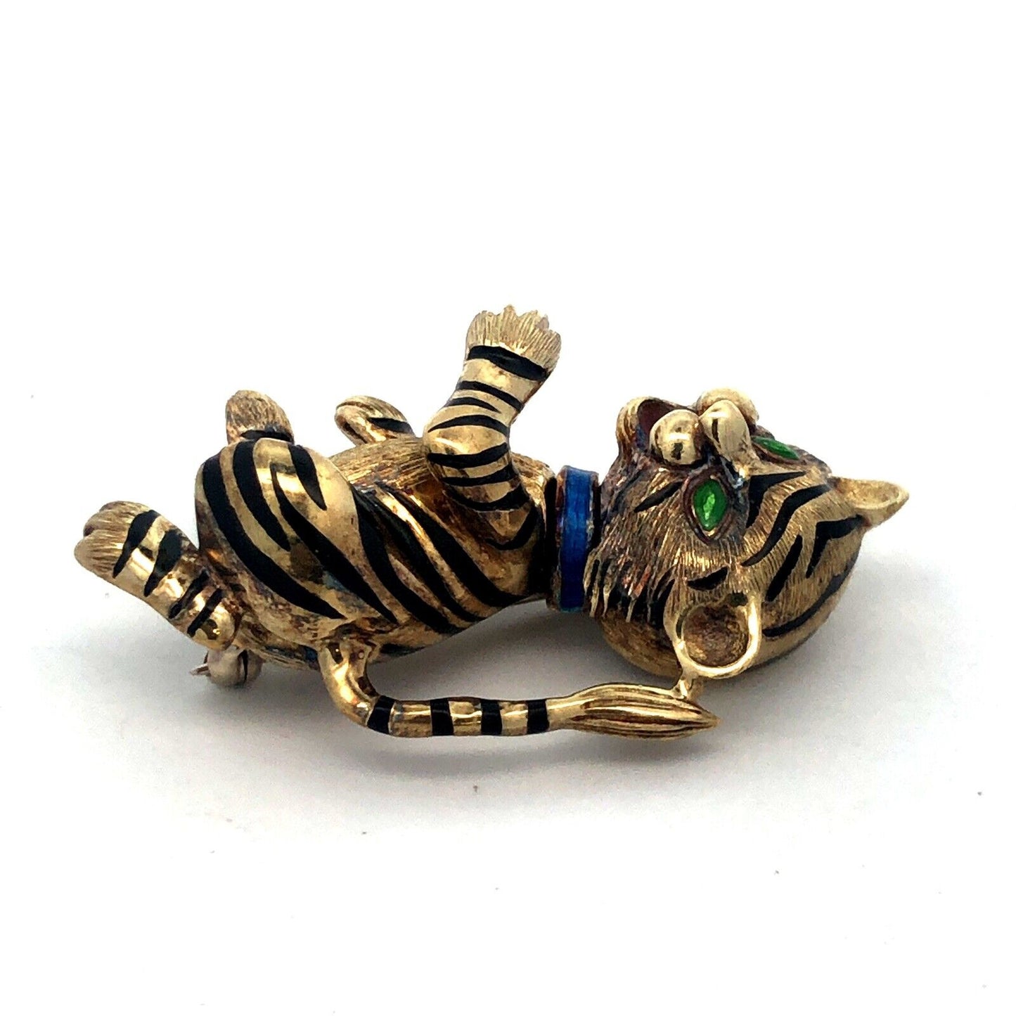 Vintage Martine 14k Yellow Gold Enamel Tiger Cat Brooch Pin Pendant