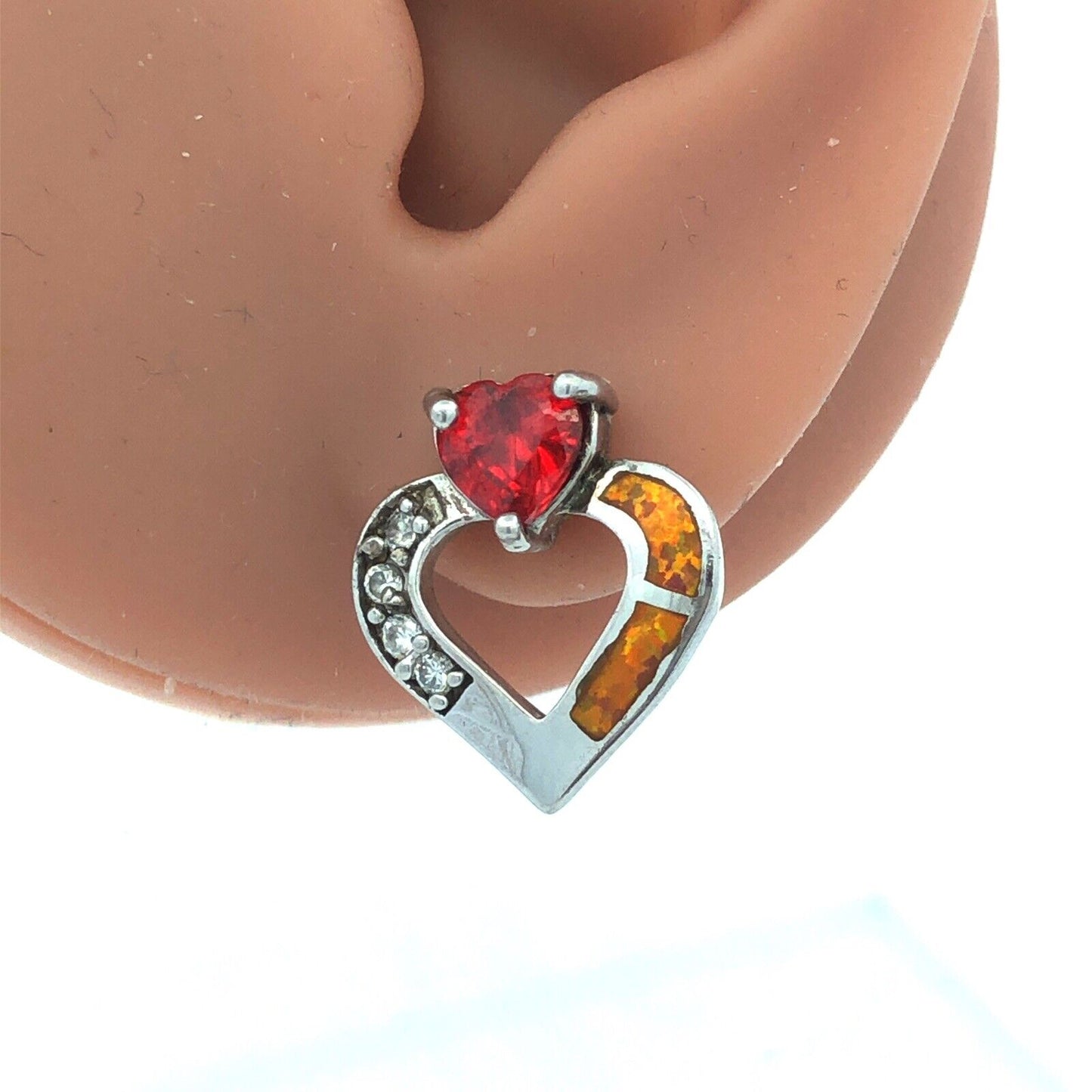 Unusual 925 Sterling Silver Red White Cubic Zirconia Opal Heart Stud Earrings