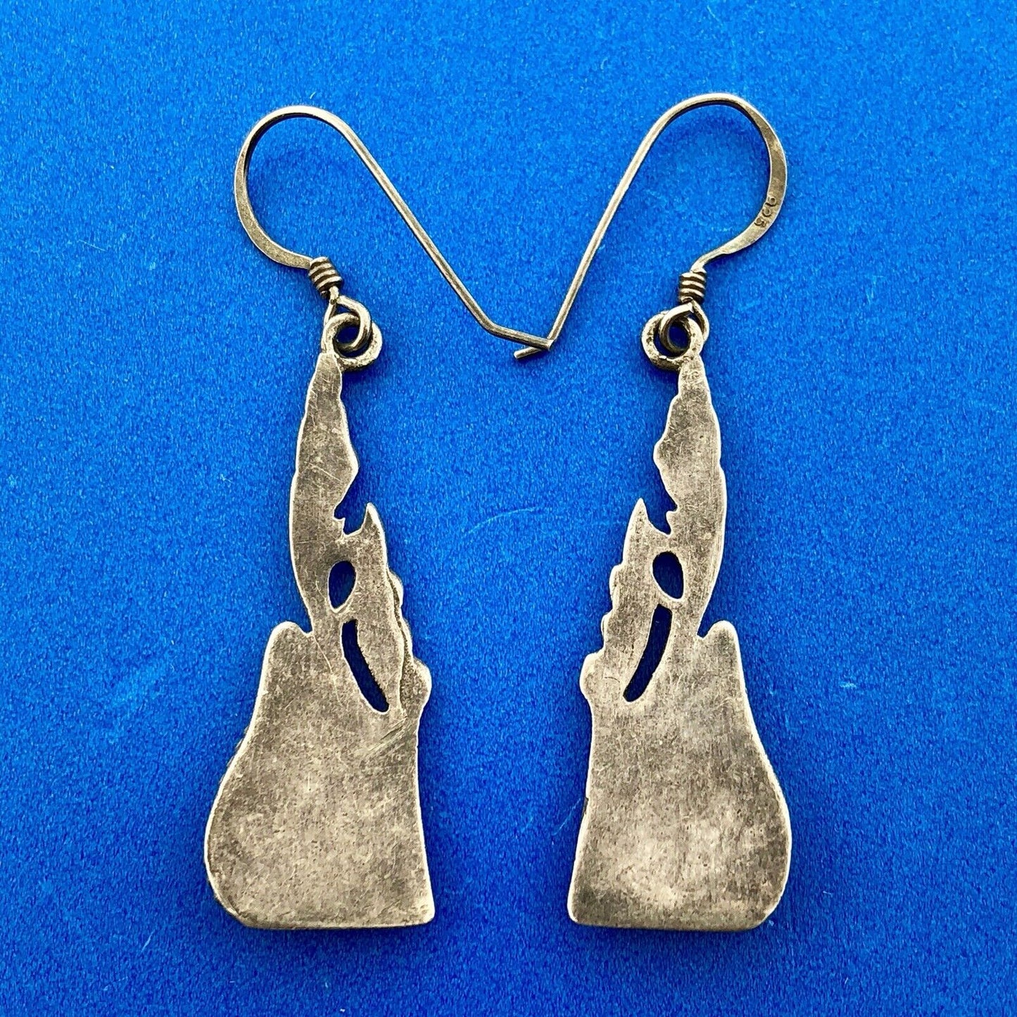 Estate Sterling Silver Malachite Trilliant Feather Wings Motif Dangle Earrings