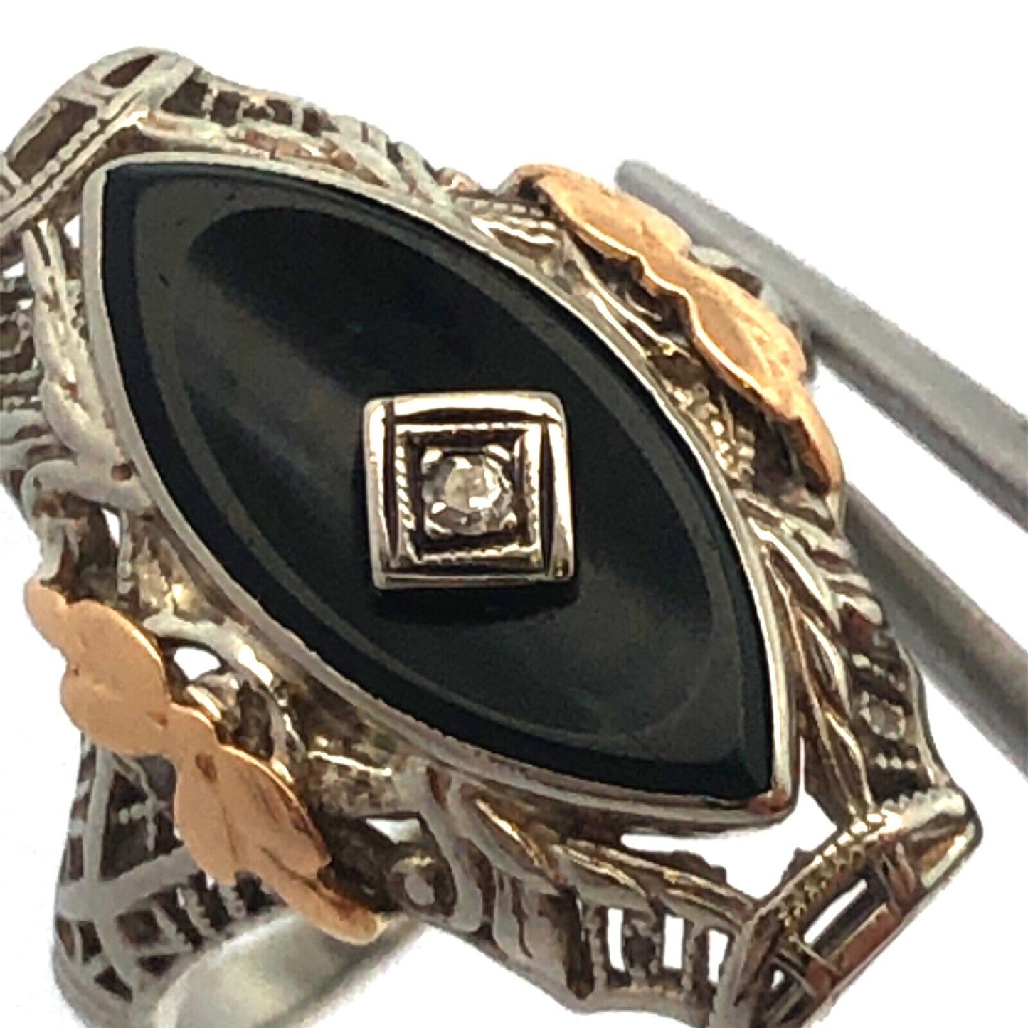 Vintage 14K White Yellow Gold Two Tone Black Onyx Diamond Art Deco Oval Ring