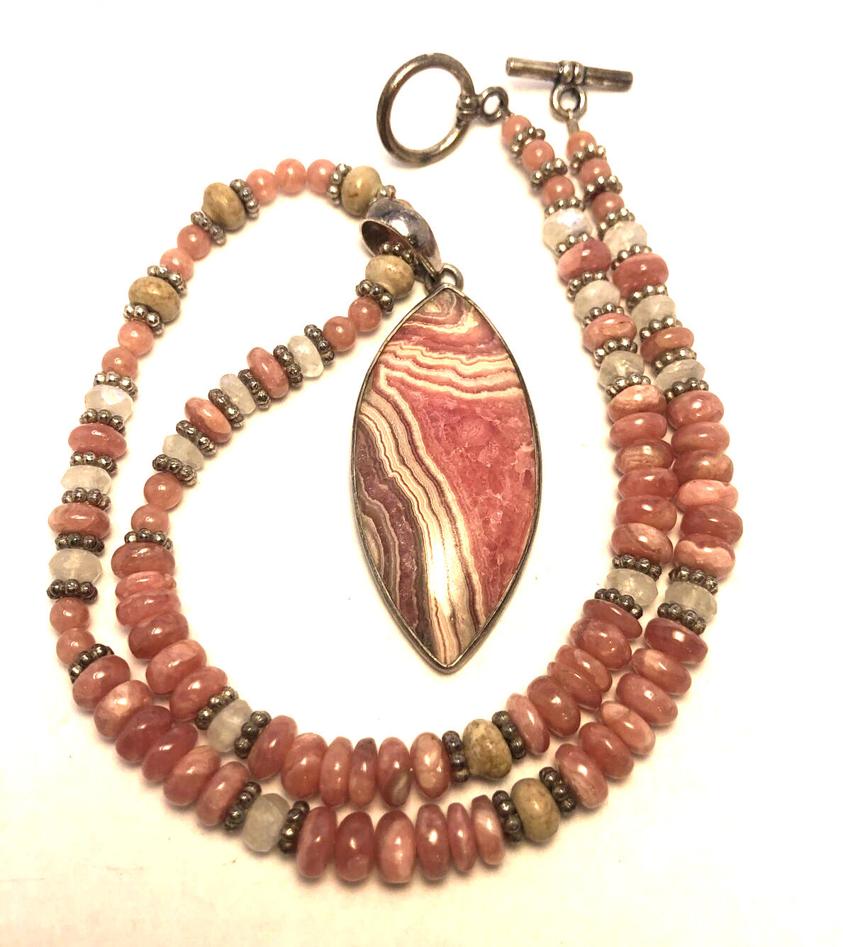 Estate 925 Sterling Silver Rhodochrosite Moonstone Stone Beaded Pendant Necklace
