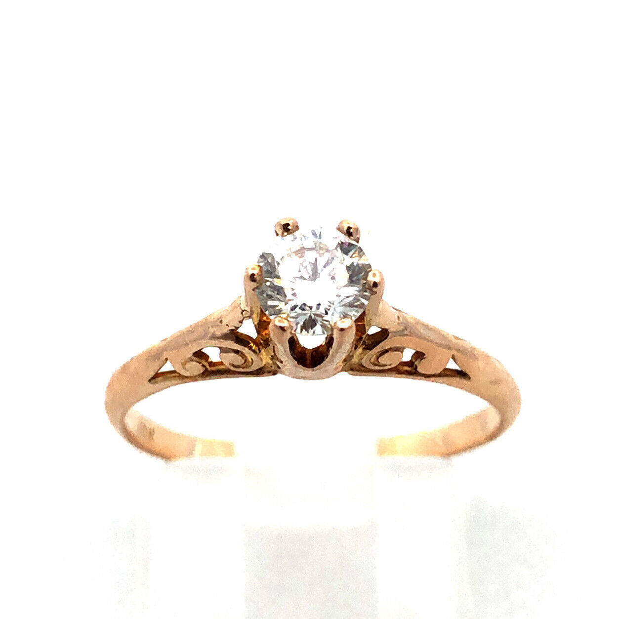 Estate 10K Yellow Gold Round Diamond Solitaire Filigree Engagement Ring