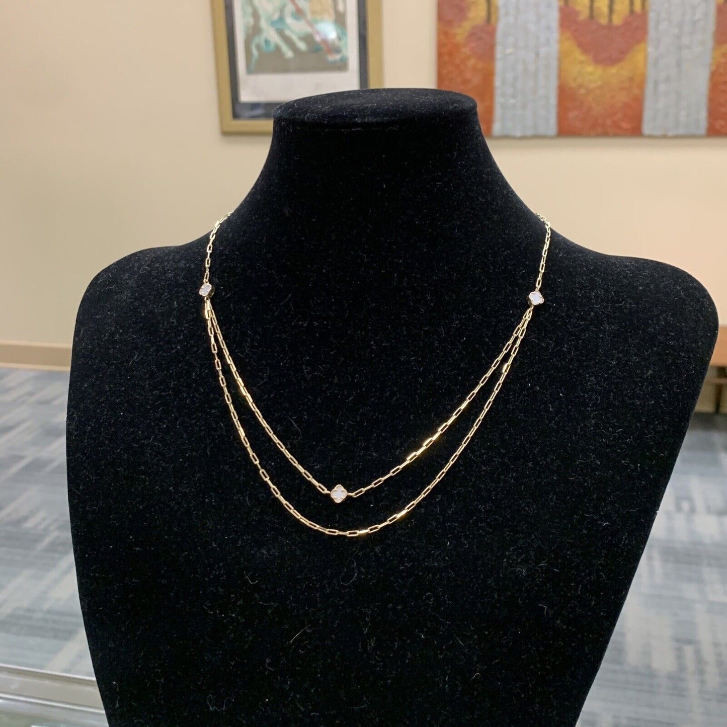 14K Yellow Gold Four Leaf Clover Paper Clip Chain Station Necklace