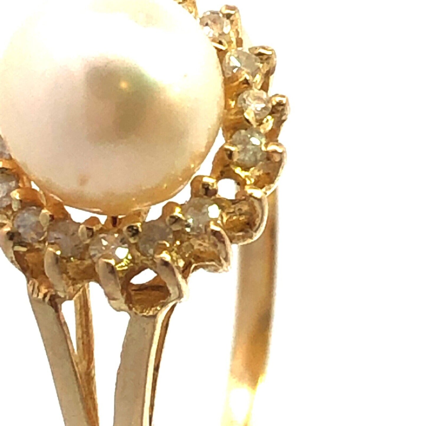 Designer 14K Yellow Gold Pearl Solitaire Diamond Halo Anniversary Cocktail Ring