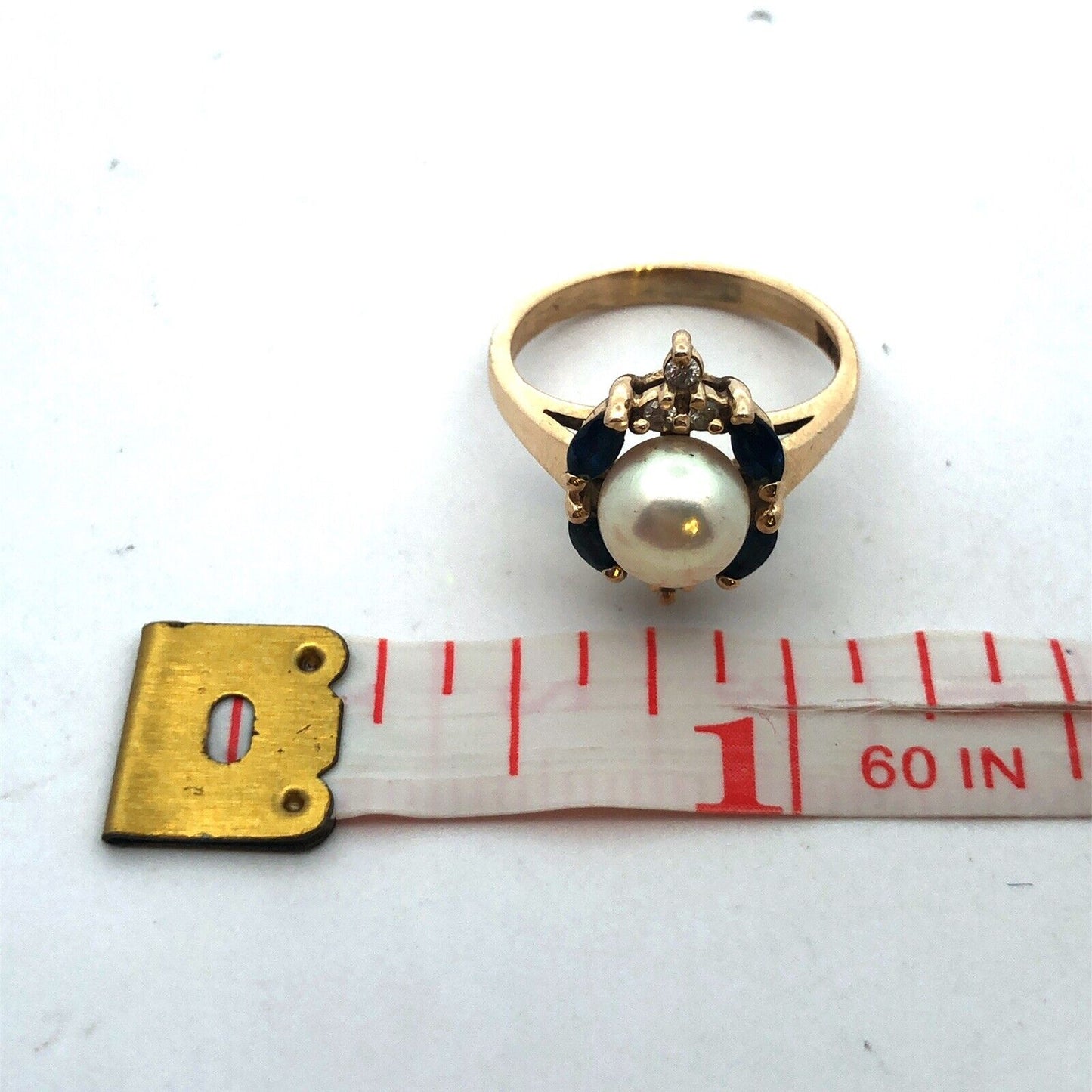 Designer 14K Yellow Gold Pearl Solitaire Sapphire Diamond Accented Cocktail Ring