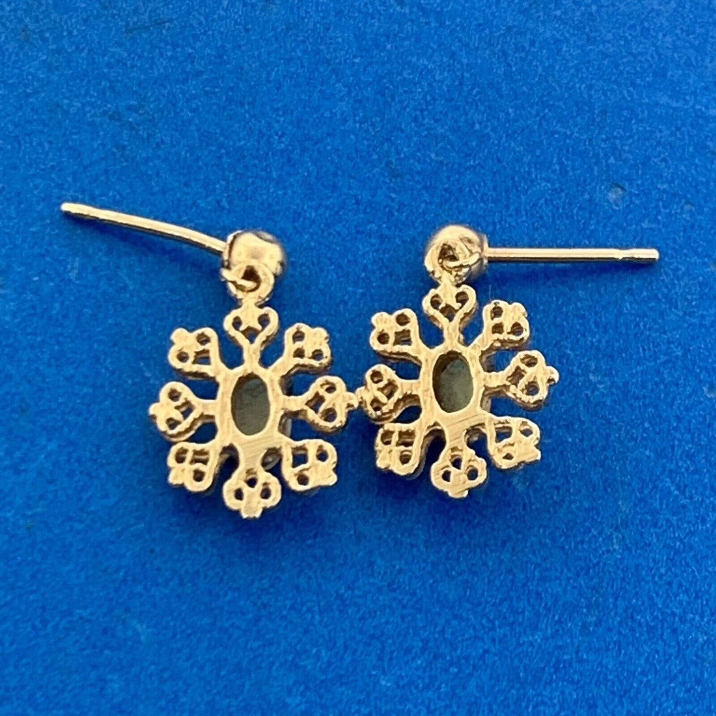 Designer 14K Yellow Gold Oval Opal Filigree Snowflake Dangle Stud Earrings