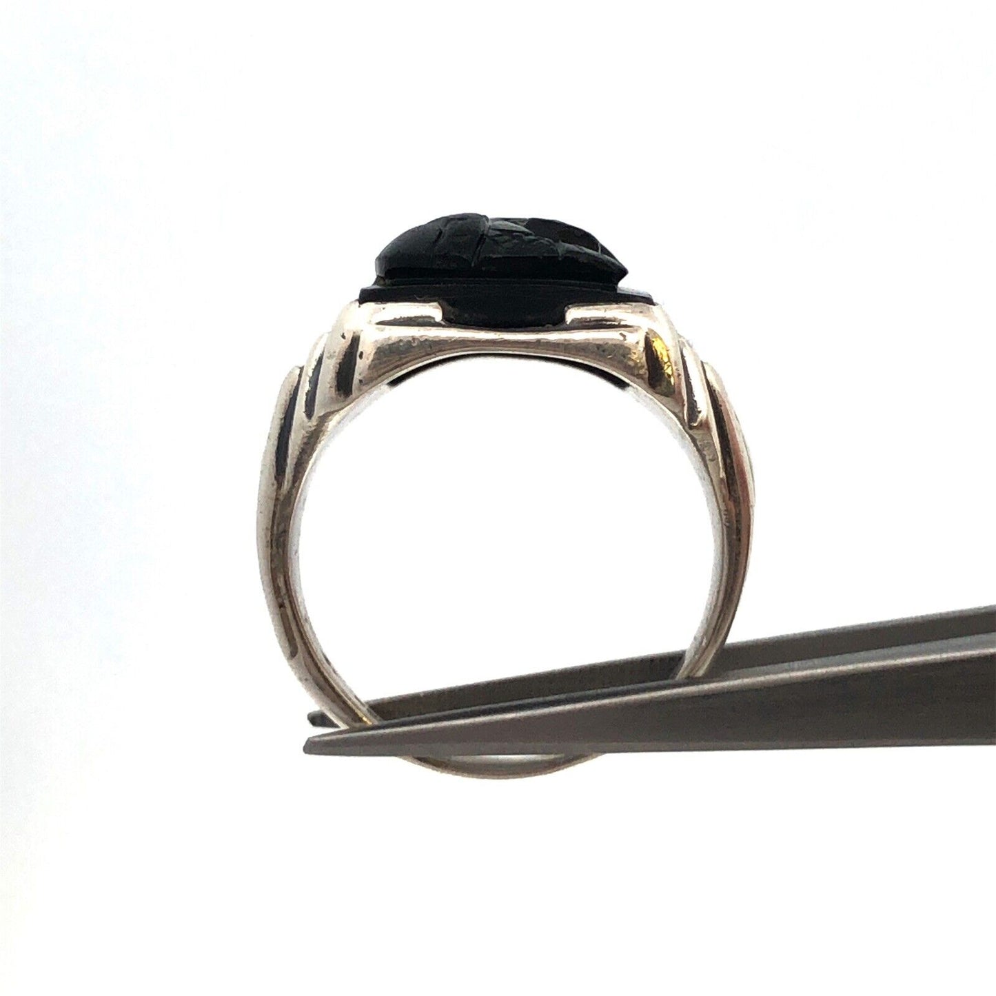 Designer G 925 Sterling Silver Carved Black Onyx Viking Roman Soldier Mens Ring