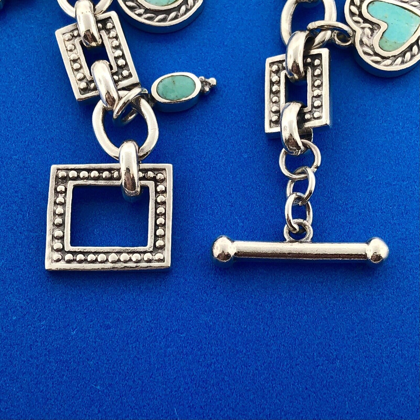 Lovely Sterling Silver 925 Multi-Shaped Turquoise Inlay Charm 7" Toggle Bracelet