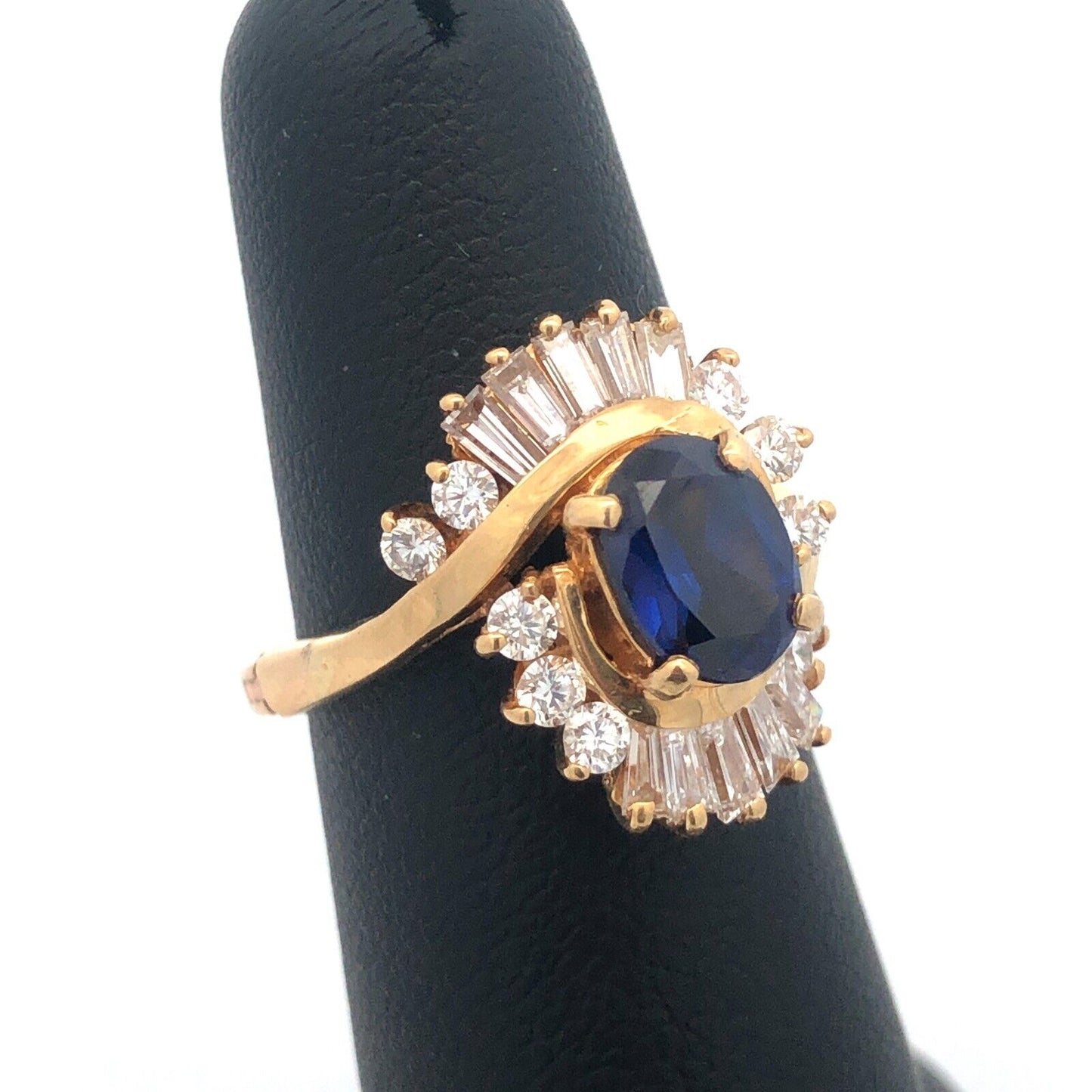 Designer 14K Yellow Gold Oval Sapphire Diamond Wave Halo Bypass Cocktail Ring
