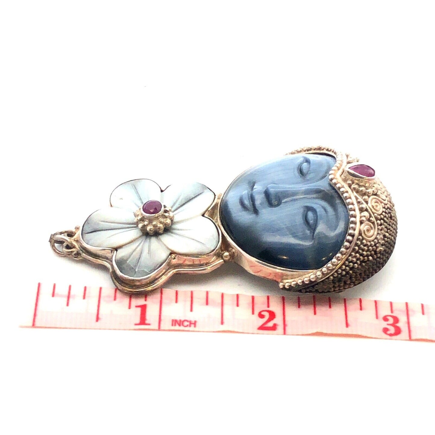 Designer Sajen 925 Sterling Silver Blue Cat's Eye Ruby Goddess Brooch Pendant