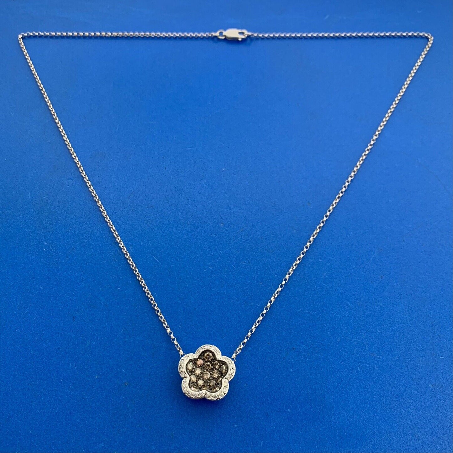 Designer 18K White Gold Champagne & White Diamond Flower Cluster Necklace