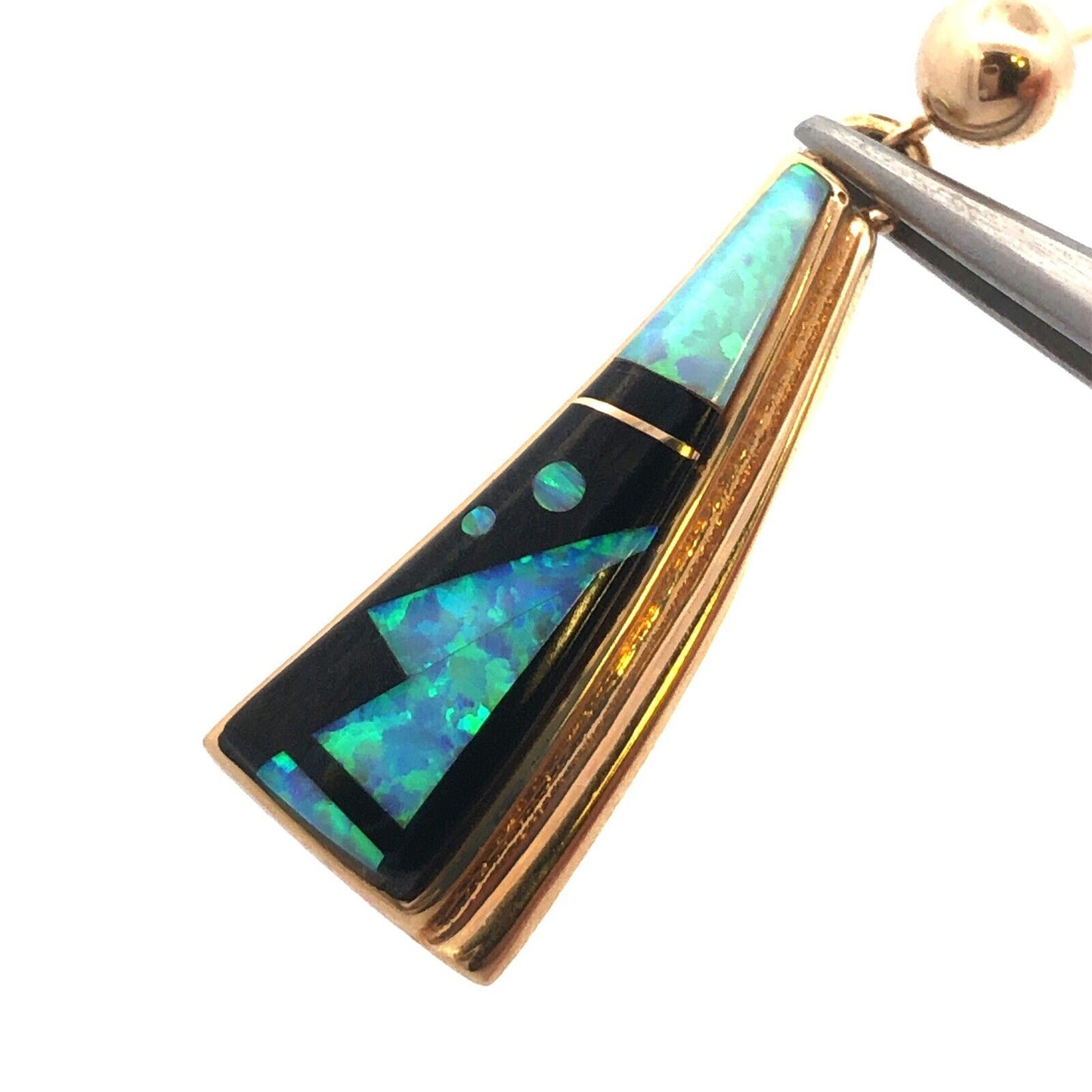 Calvin Begay Navajo 14K Yellow Gold Opal Onyx Storyteller Statement Earrings