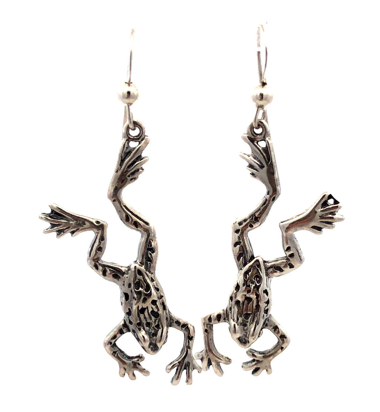 Vintage Designer Sterling Silver Frog Toad Textured Drop Dangle Hook Earrings