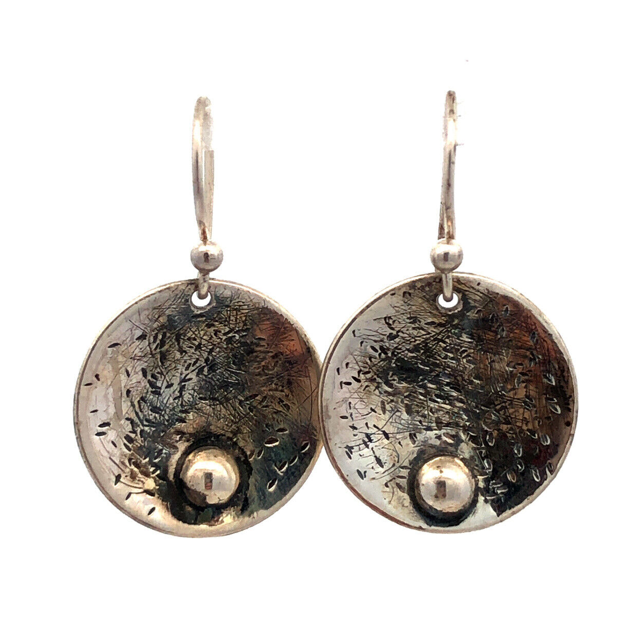 Vintage 925 Sterling Silver Round Textured Modernist Hook Dangle Earrings