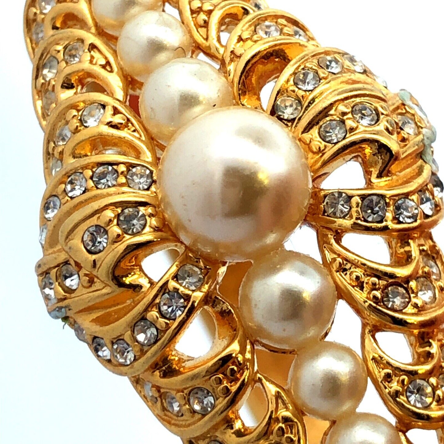 Vintage Barbara Mandrell Gold Tone Faux Pearl Rhinestone Hinged Cuff Bracelet