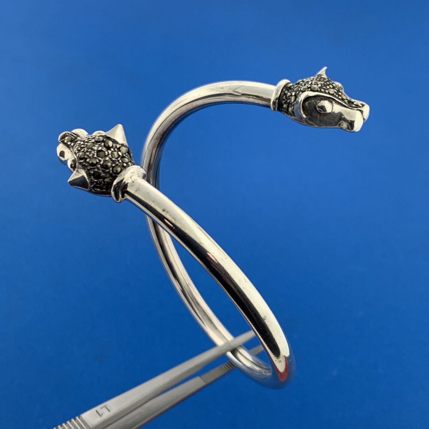 Art Deco Sterling Silver Marcasite Double Devil Dog Head Bypass Cuff Bracelet