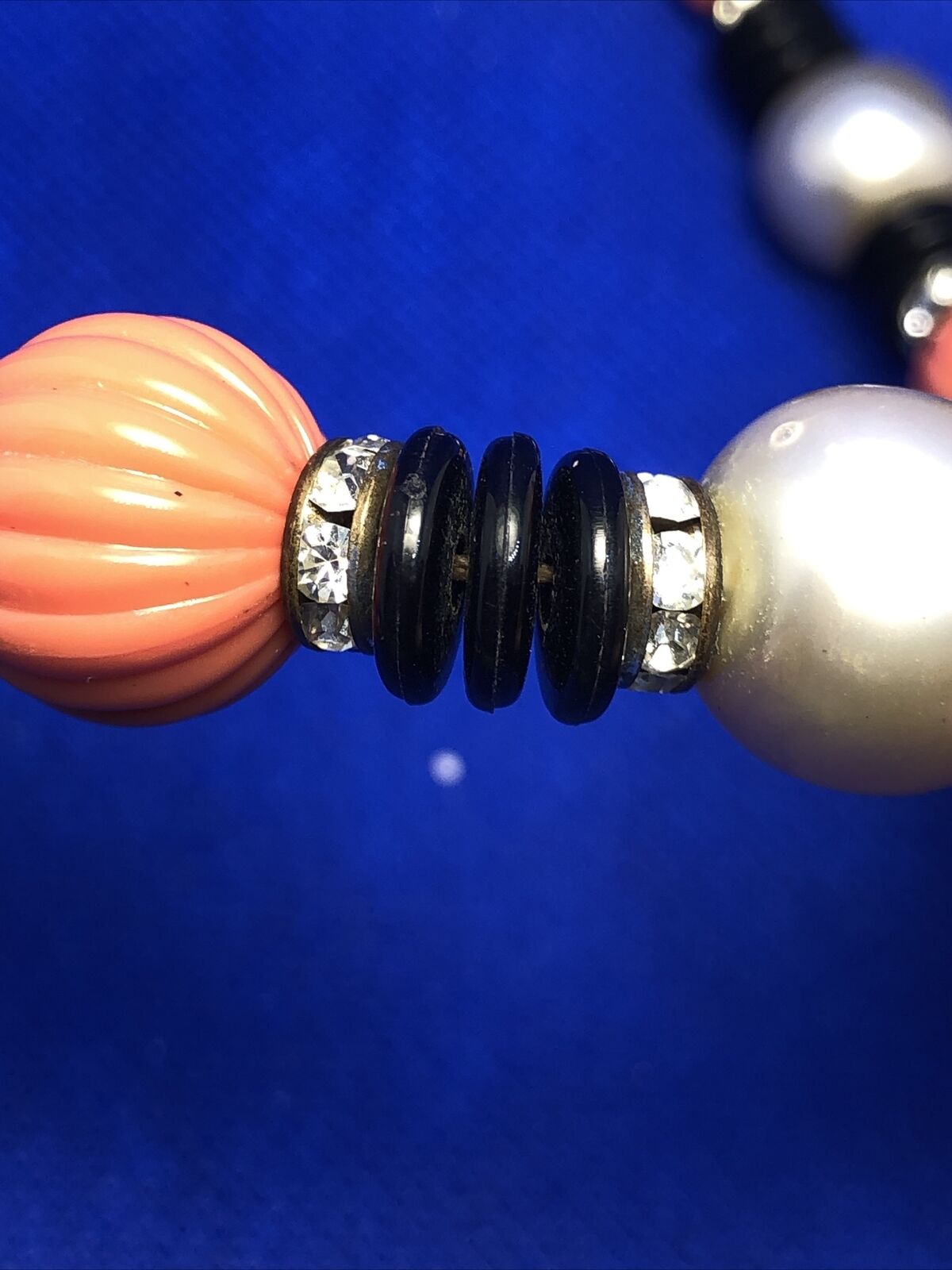 1970's Faux Pearl Onyx Coral Rhinestone Beaded Statement Necklace