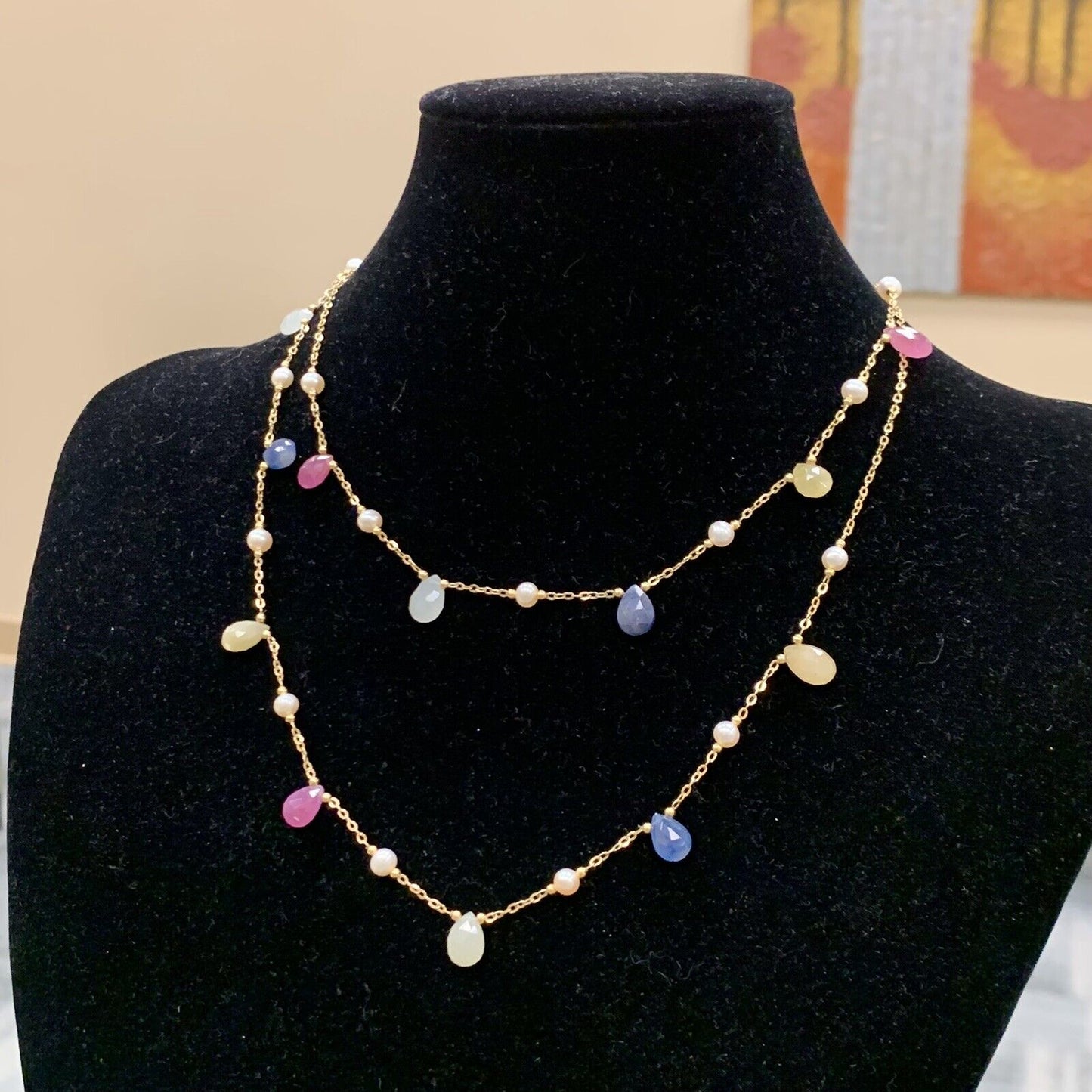 Designer 18K Yellow Gold Spinel Ruby Sapphire Pearl Station Long Chain Necklace