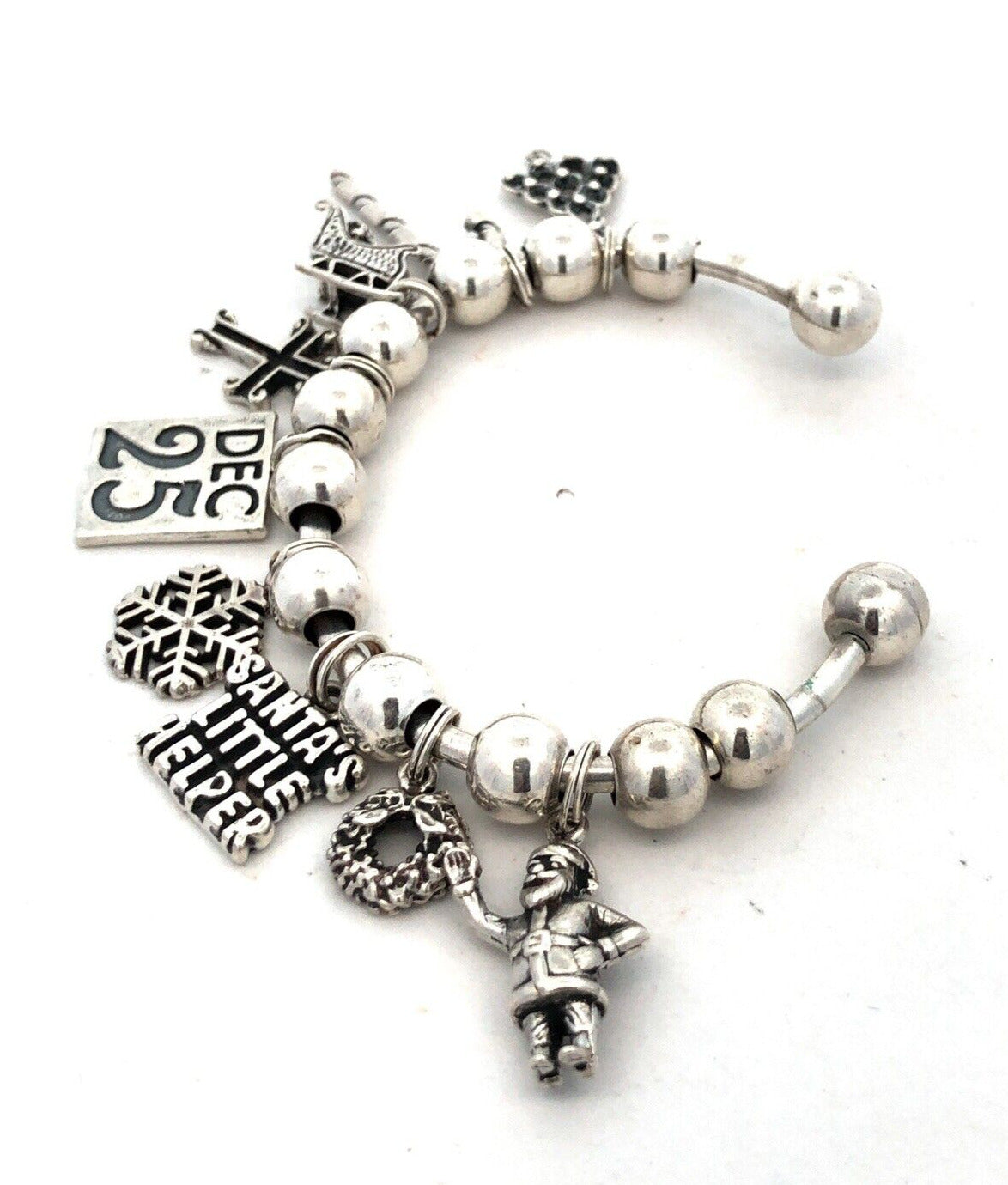 Vintage SJC 925 Sterling Silver Christmas Holiday Theme Beaded Charm Bracelet