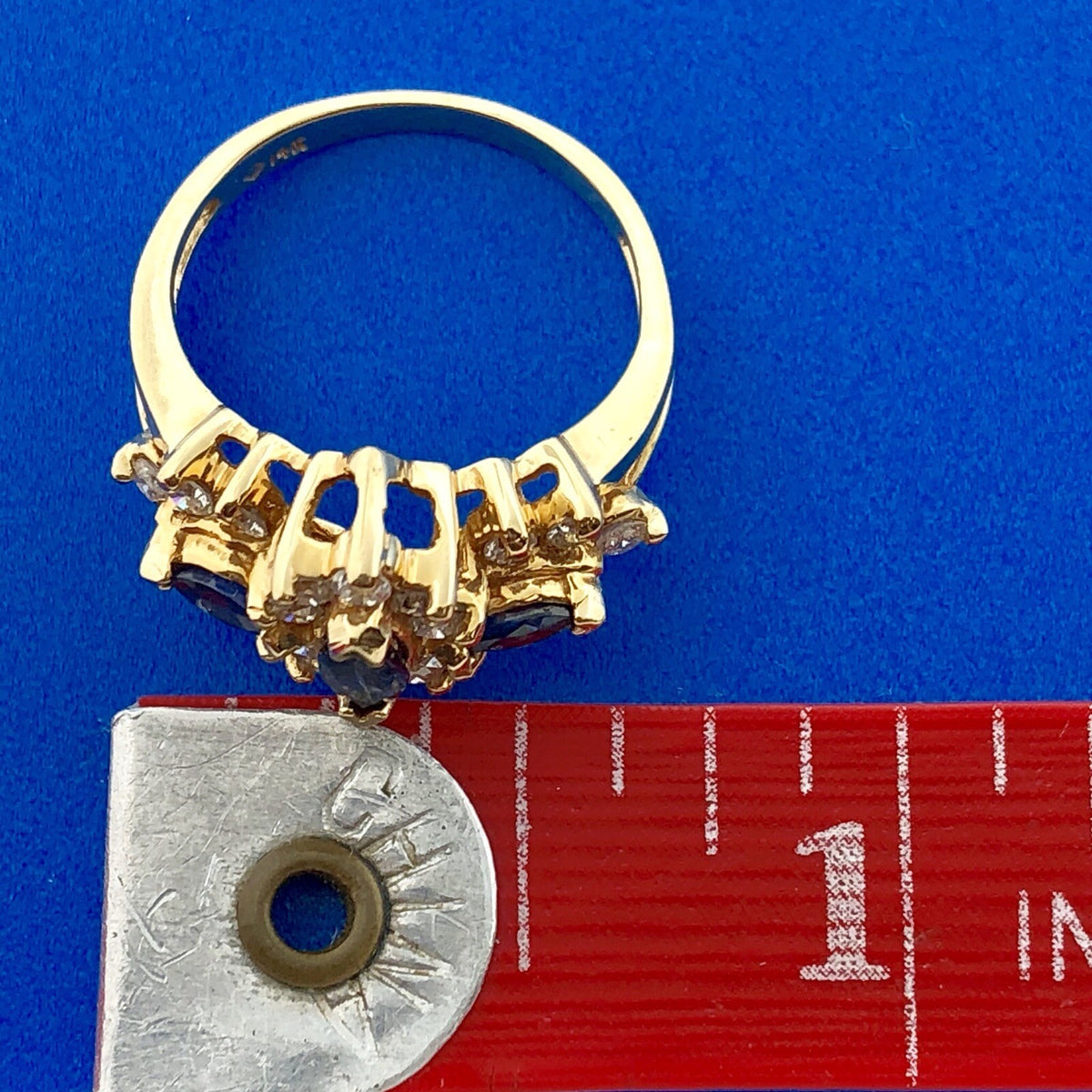 14K Yellow Gold Sapphire Diamond Halo Cluster Anniversary Bridal Cocktail Ring