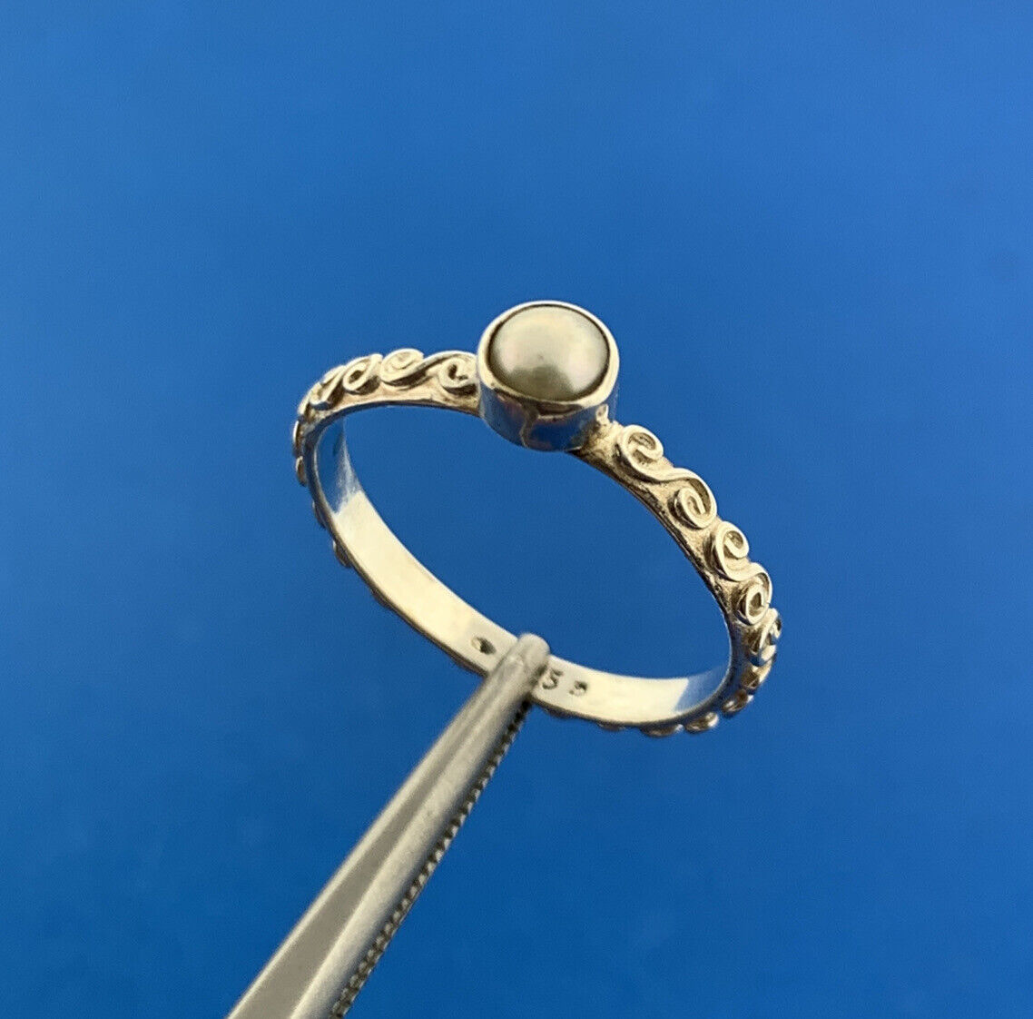 Designer 925 Sterling Silver Pearl Scroll Design Stackable Band Ring