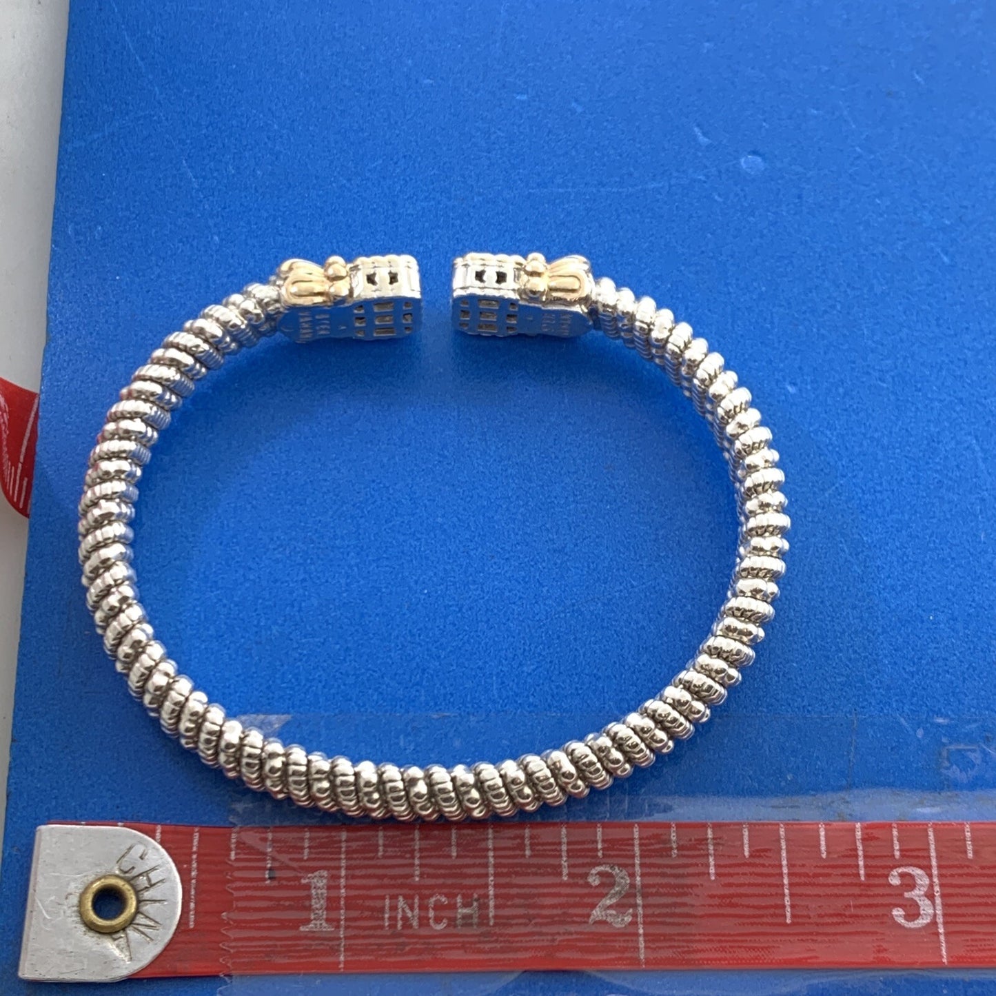 Alwand Vahan Sterling Silver 14K Gold Diamond Moire Beaded Open Cuff Bracelet