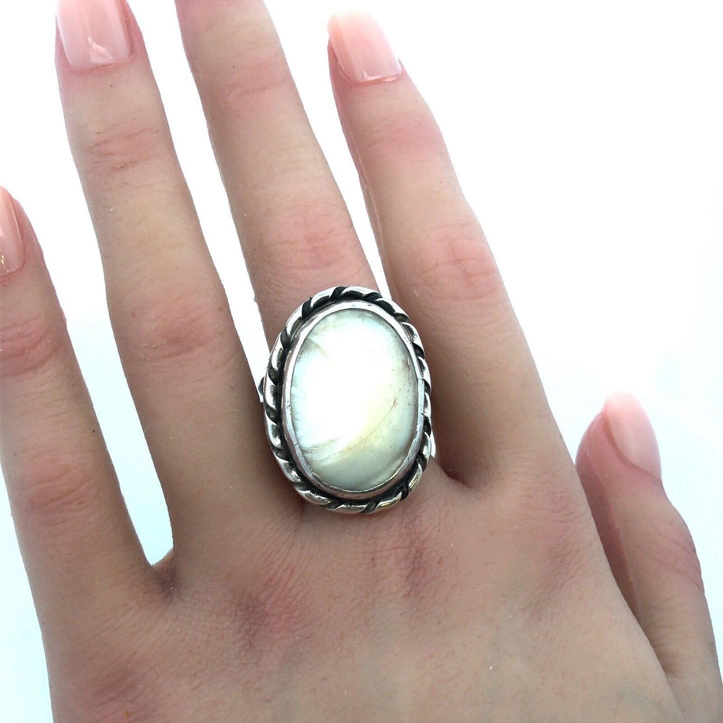 Vintage 925 Sterling Silver Oval White Lace Agate Cabochon Large Size 12.5 Ring