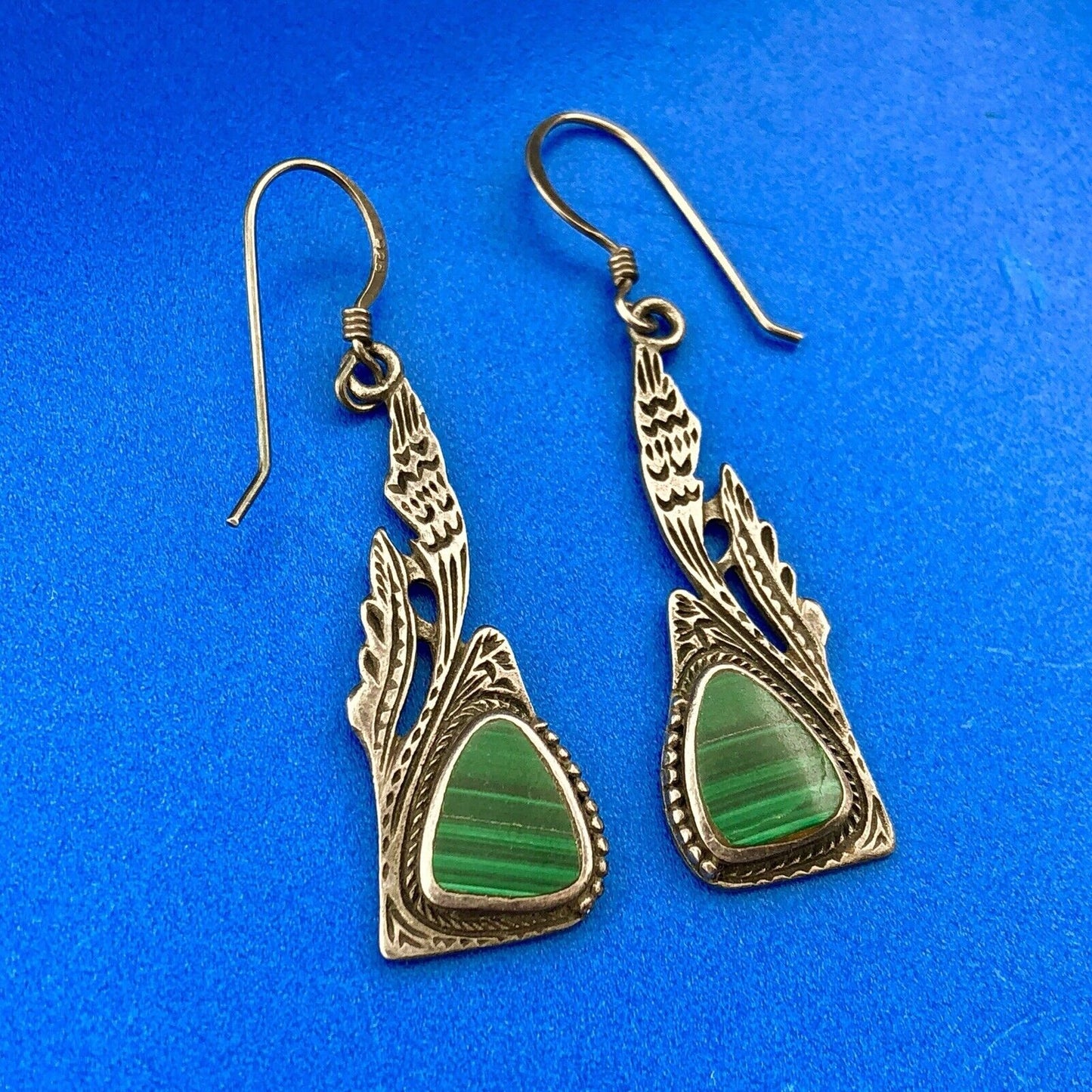 Estate Sterling Silver Malachite Trilliant Feather Wings Motif Dangle Earrings