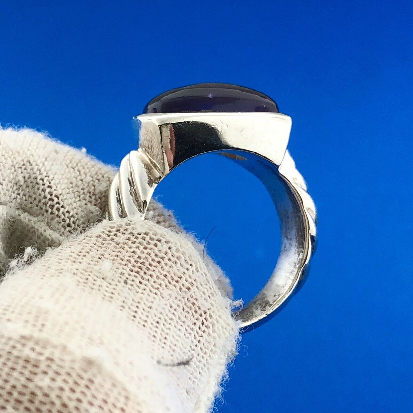 Retro 925 Sterling Silver Amethyst Cabochon Rectangle Cable Band Statement Ring