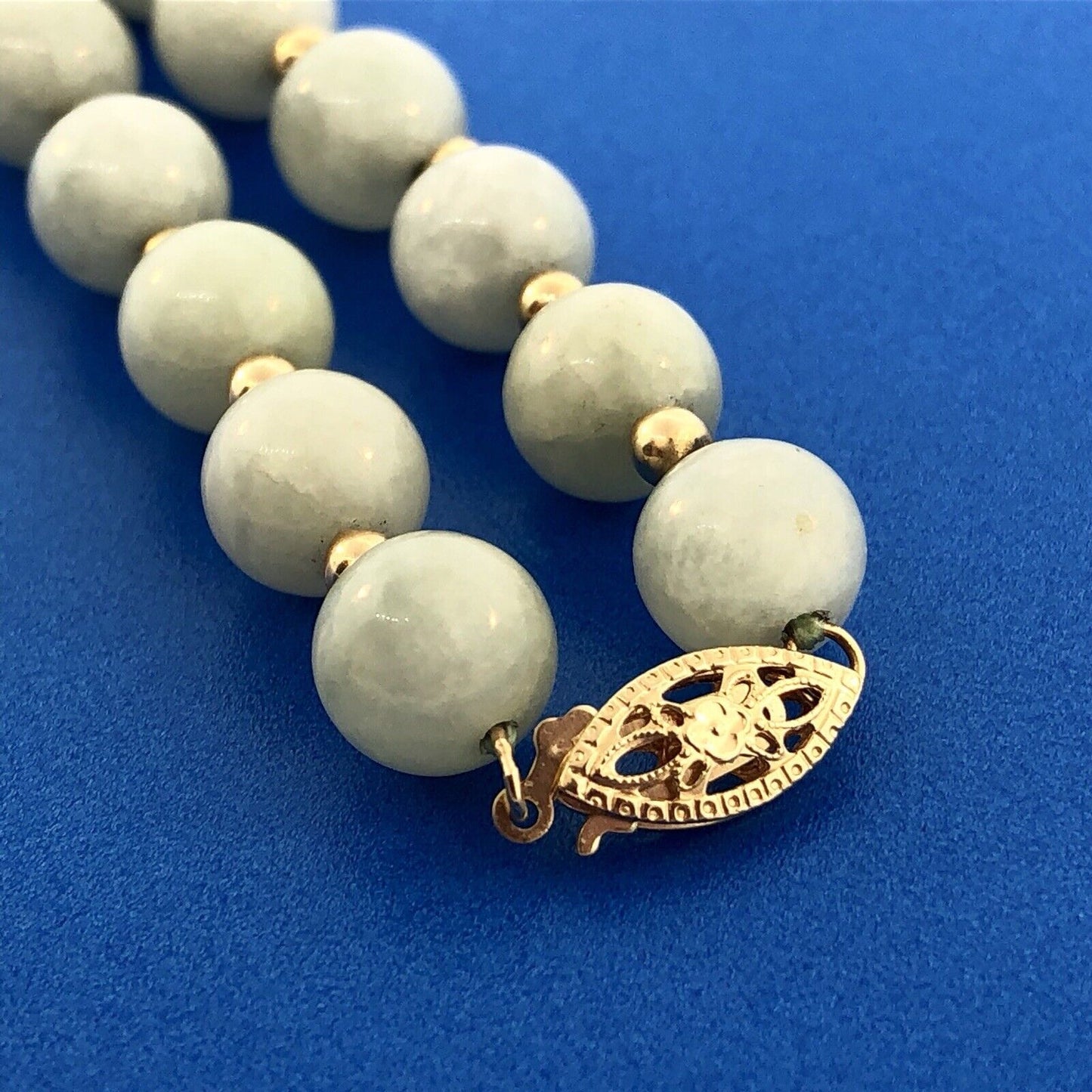Designer 14K Yellow Gold Jade Jadeite Bead Ball Filigree Clasp Necklace