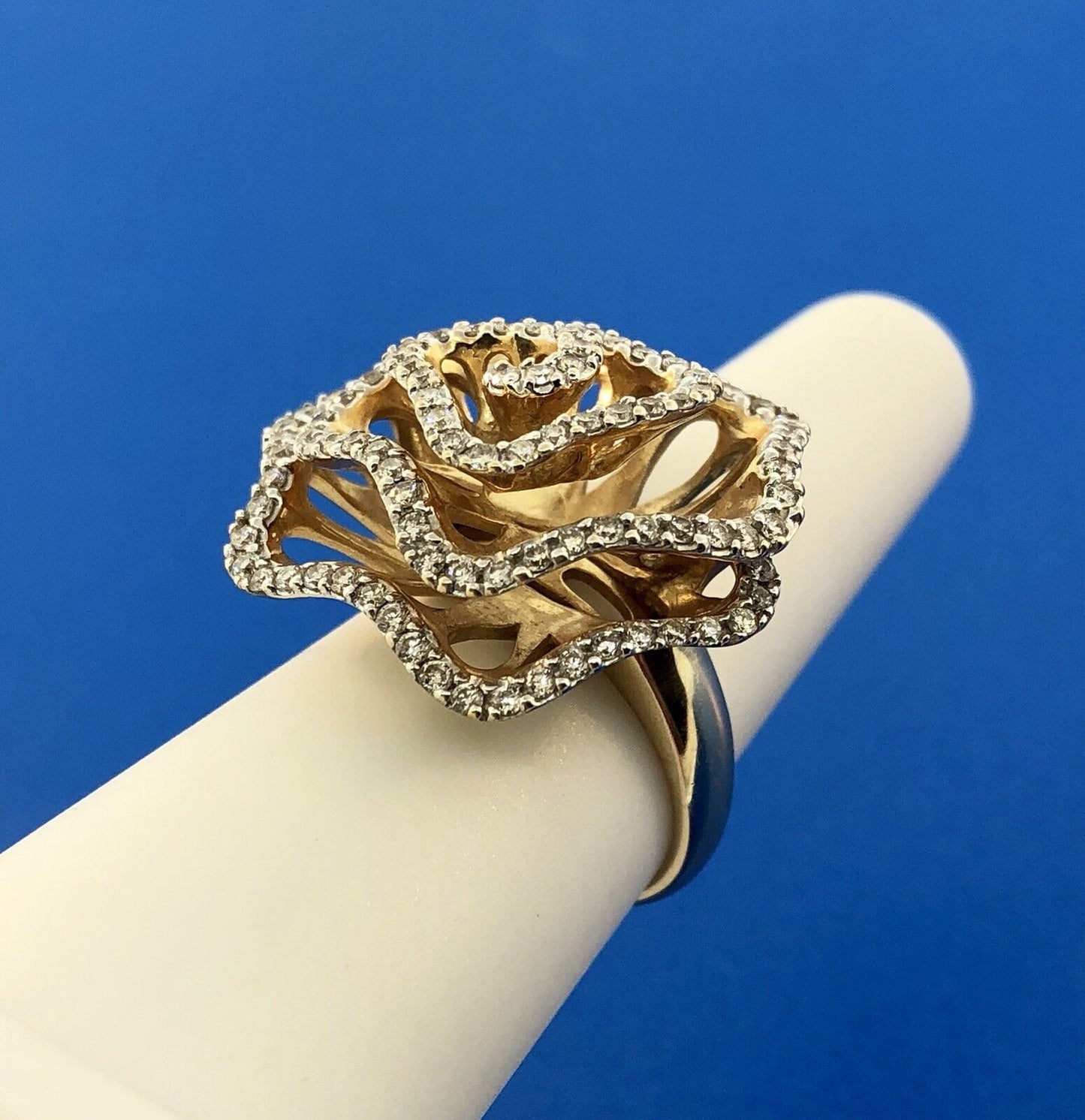 Estate 14K Yellow Gold Diamond Modernist Flower Swirl Statement Cocktail Ring