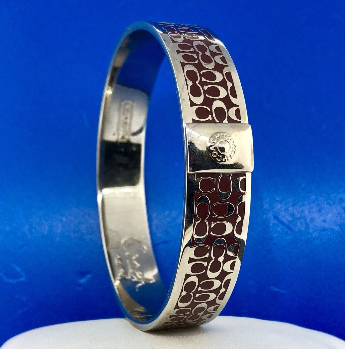 Authentic Coach Silver Tone Burgundy C Signature 1/2" Bangle Cuff Bracelet
