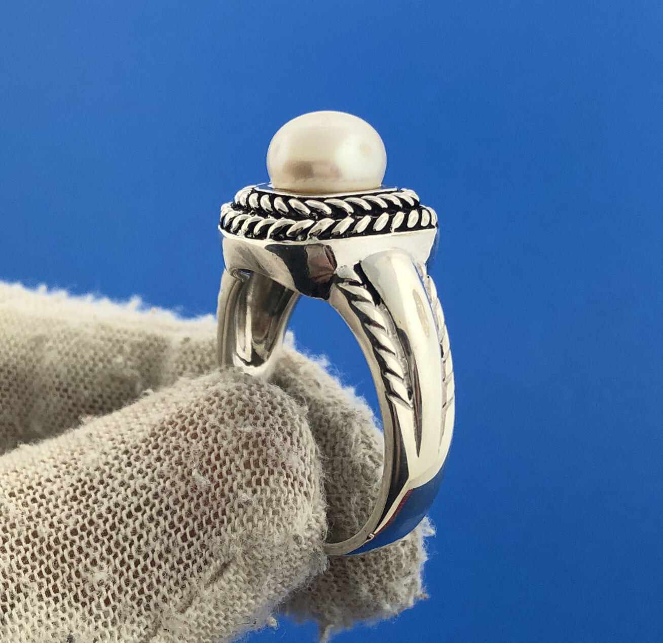 Stunning Sterling Silver 925 White Pearl Square Rope Statement Ring Size 11