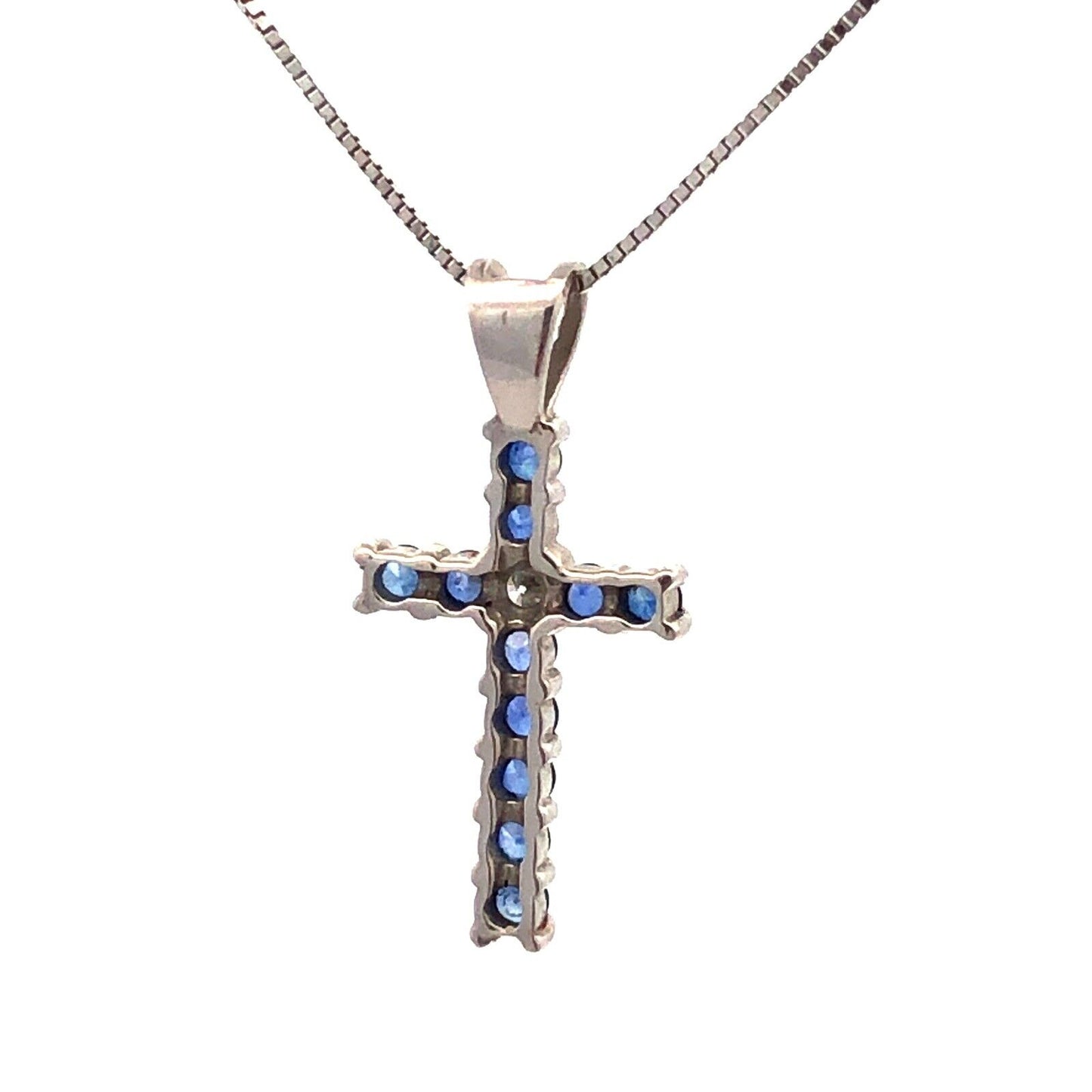 Designer 14K White Gold Blue Sapphire Diamond Pave Cross Pendant Necklace