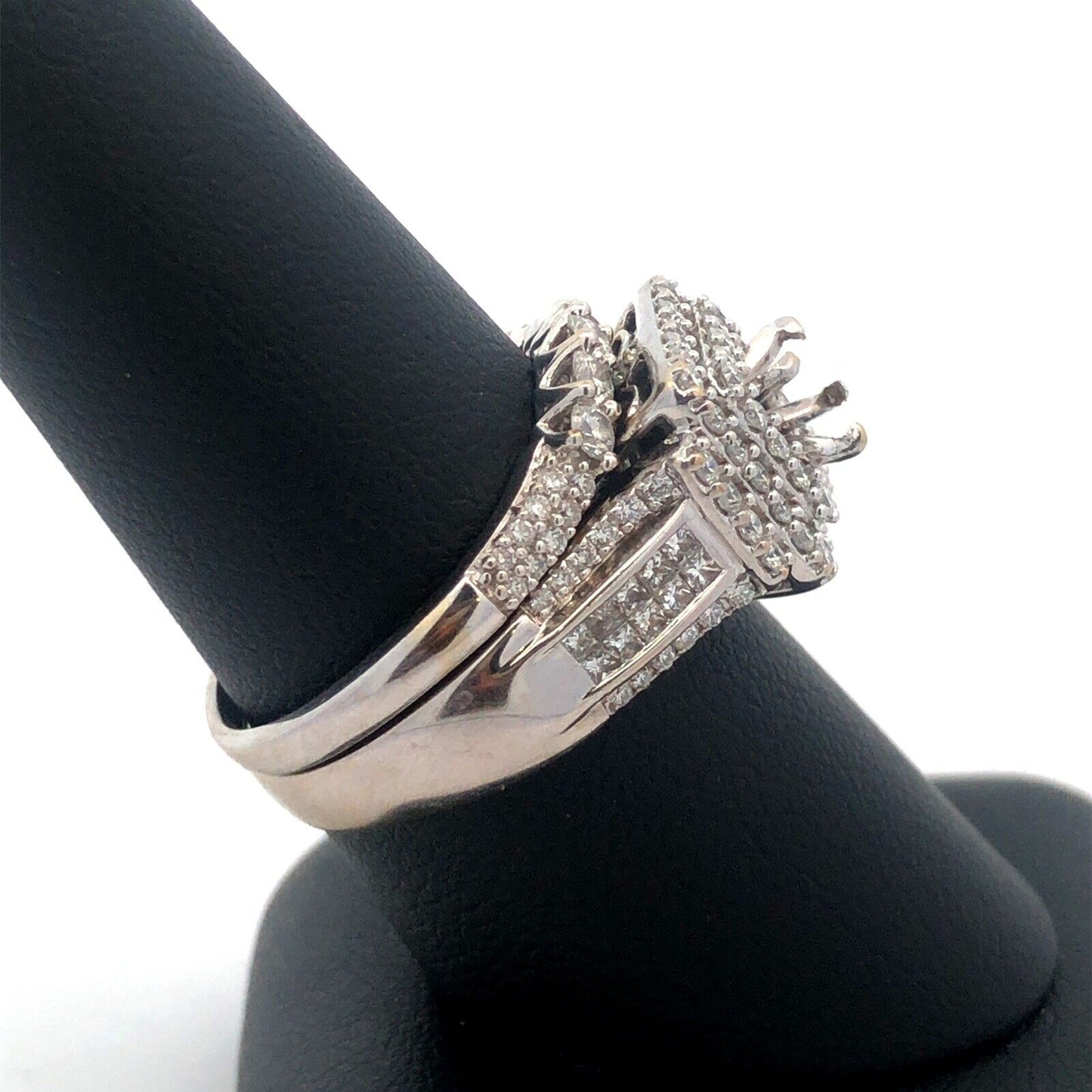 14K White Gold Diamond Triple Halo Mounting Diamond Wave Band 2 Pc Bridal Set