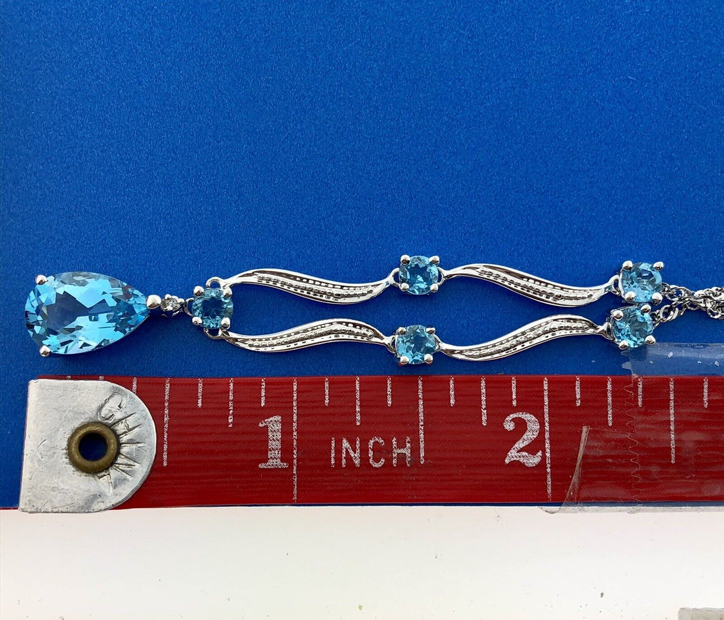 Designer 10K White Gold Blue Topaz Pear Solitaire Accents Statement Necklace