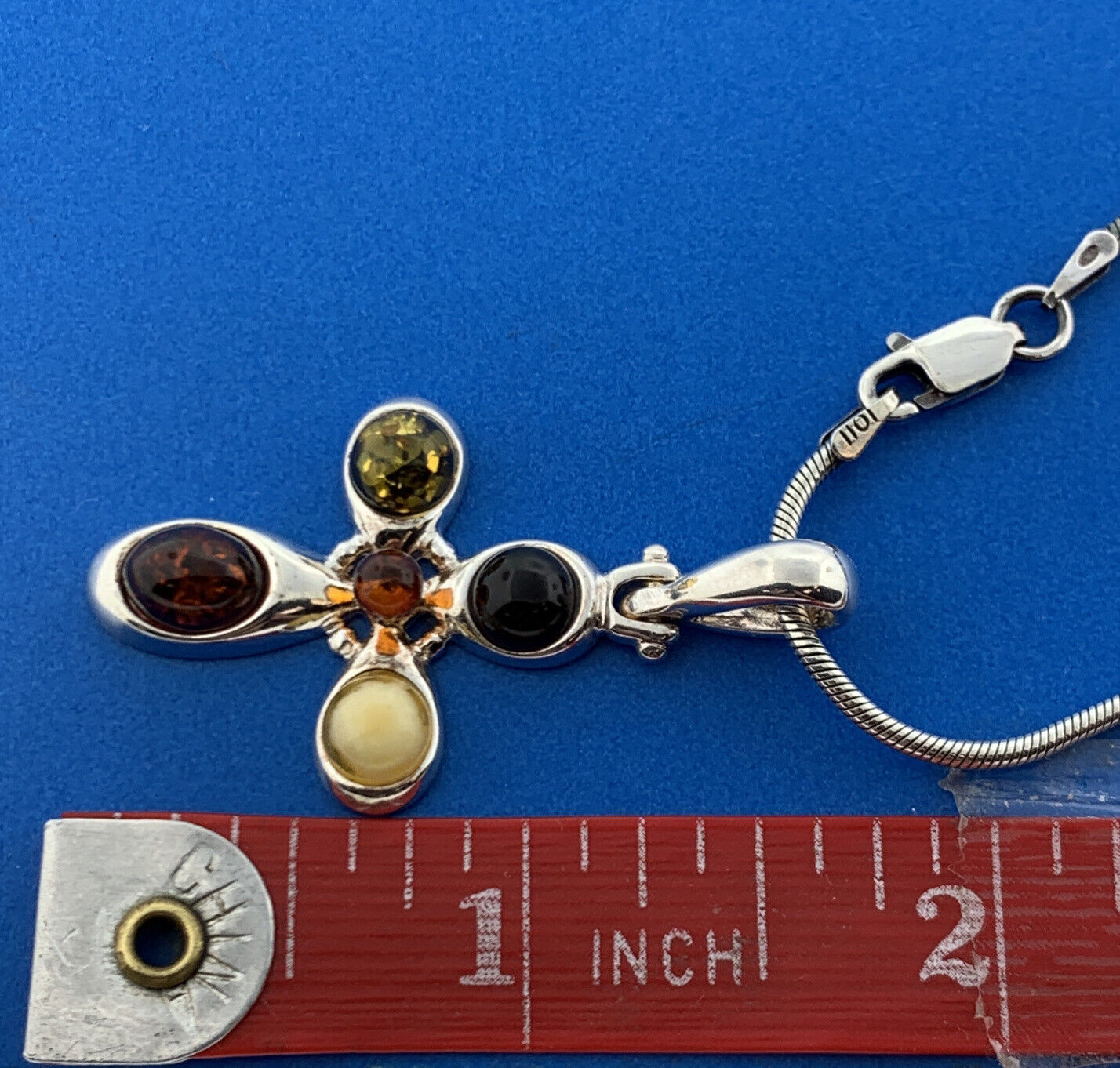 Designer 925 Sterling Silver Amber Modernist Cross Religious Pendant Necklace
