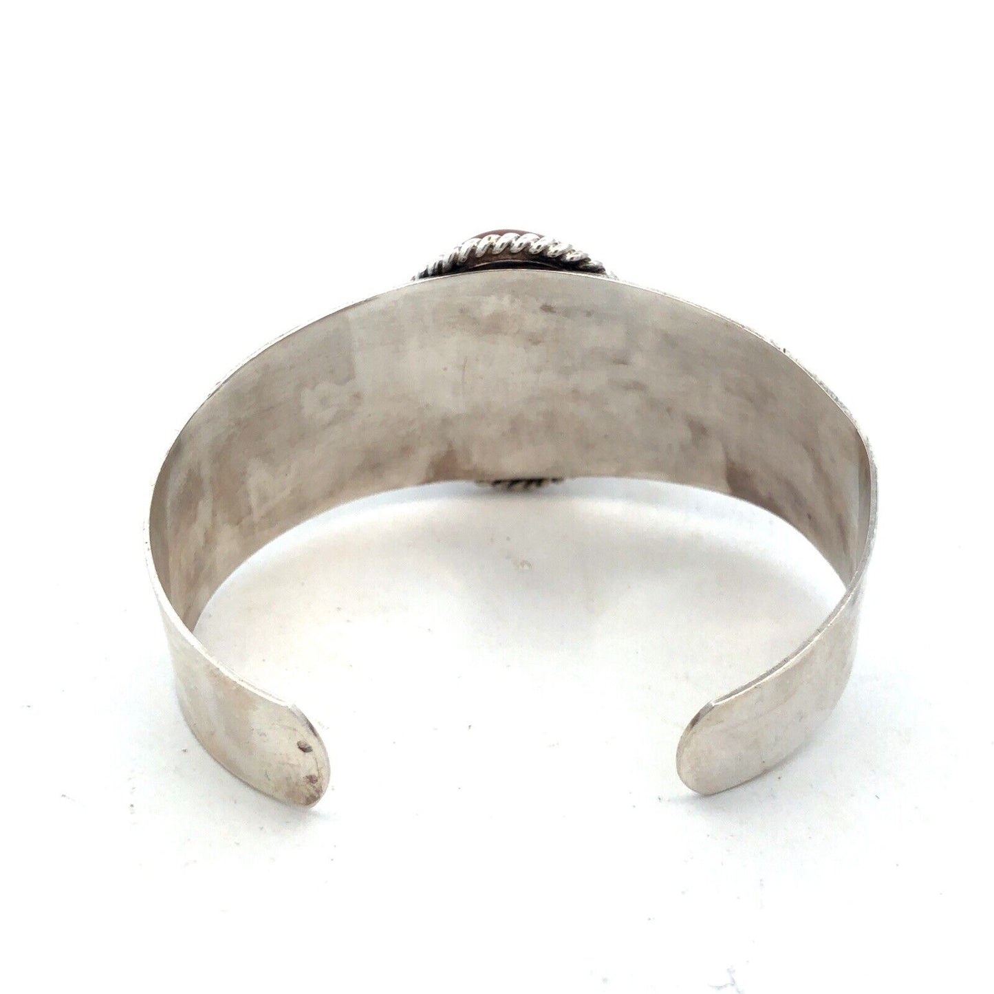 Estate 925 Sterling Silver Oval Carnelian Reeded Statement Open Cuff Bracelet