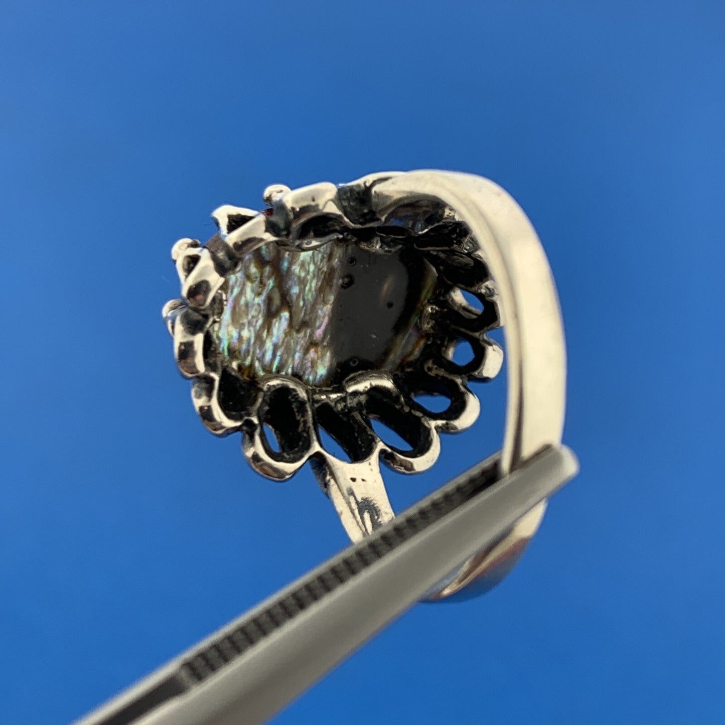 Vintage Kabana 925 Sterling Silver Red Mother Of Pearl Doublet Bead Scroll Ring