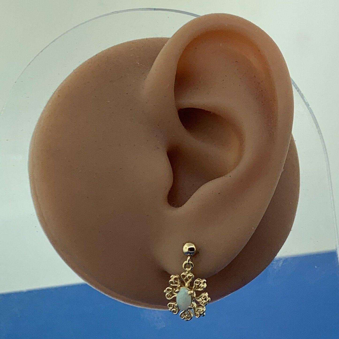 Designer 14K Yellow Gold Oval Opal Filigree Snowflake Dangle Stud Earrings