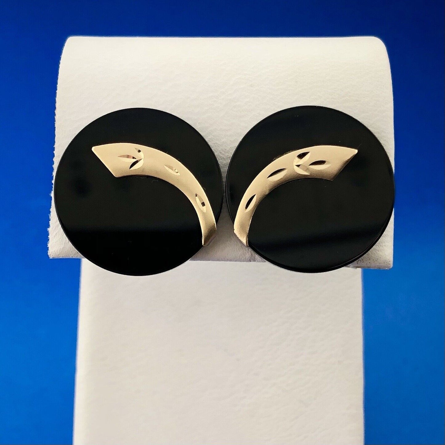 Retro 10K Yellow Gold Leaf Etched Black Resin Modernist Statement Stud Earrings